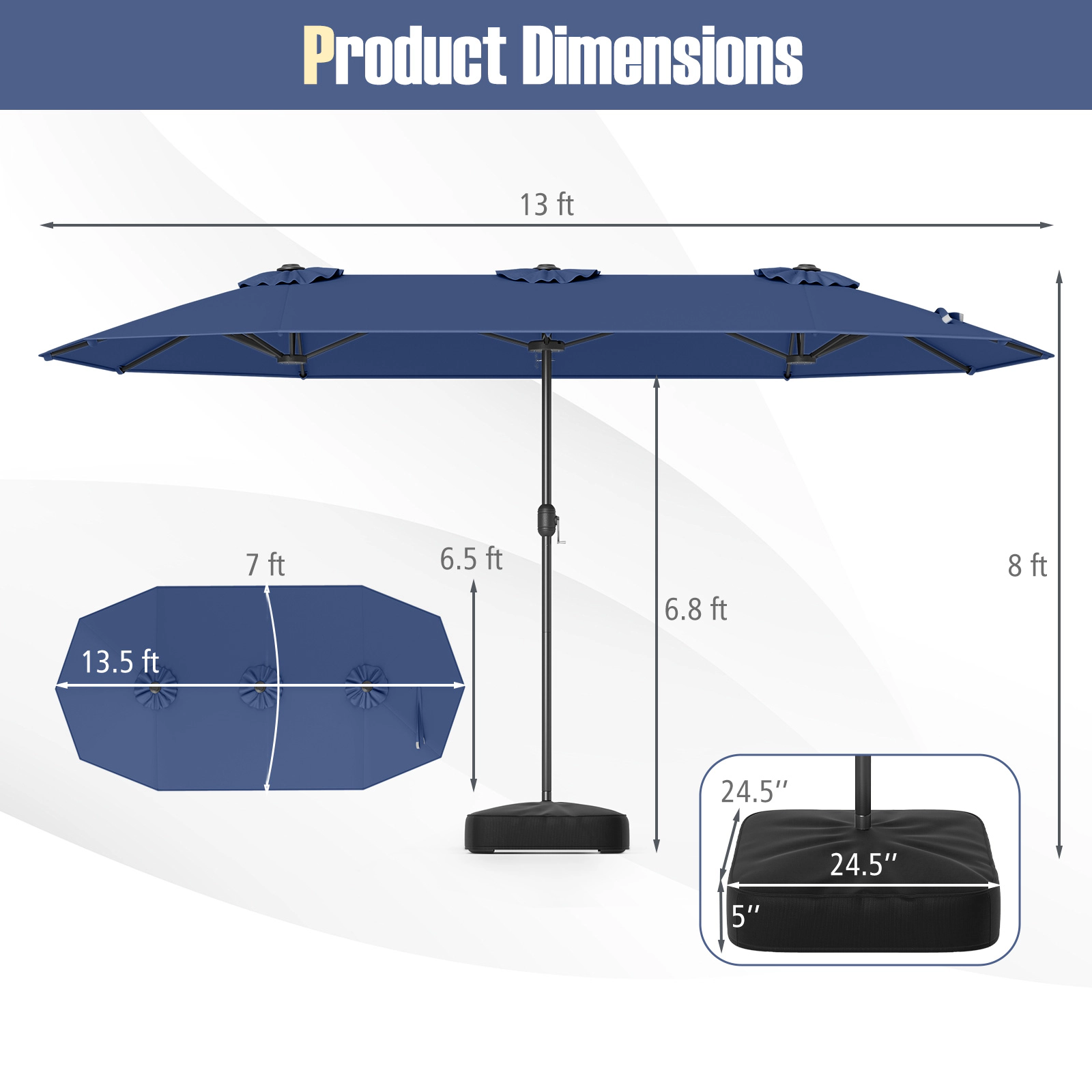 SUGIFT 13-ft Double-Sided Patio Twin Table Umbrella Crank Handle & 25.5 x 25.5 in Cross Base for Patio Garden Pool Deck