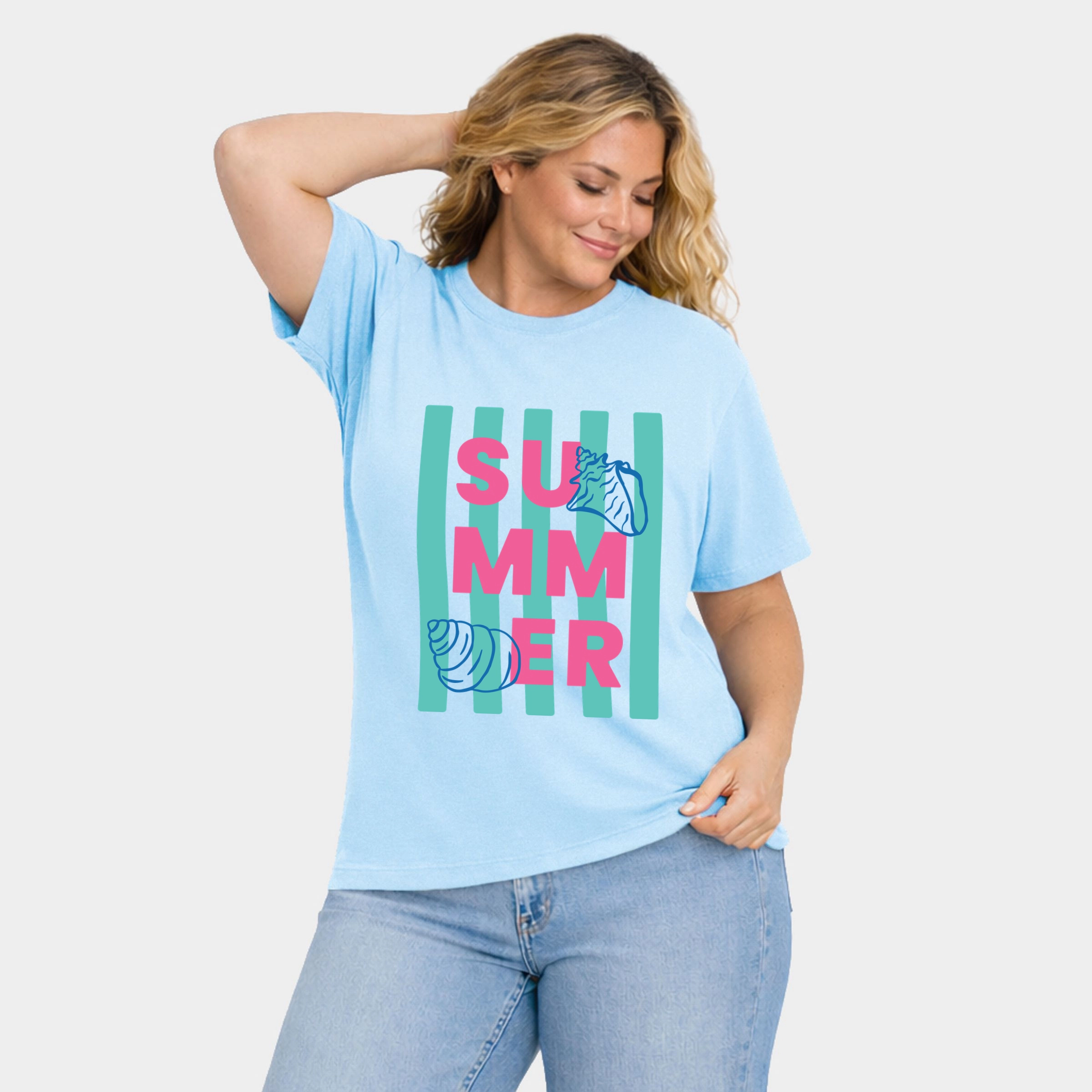 Simply Sage Market - Summer Stripes Seashells Women's Plus Sized Garment Dyed Graphic T-Shirt