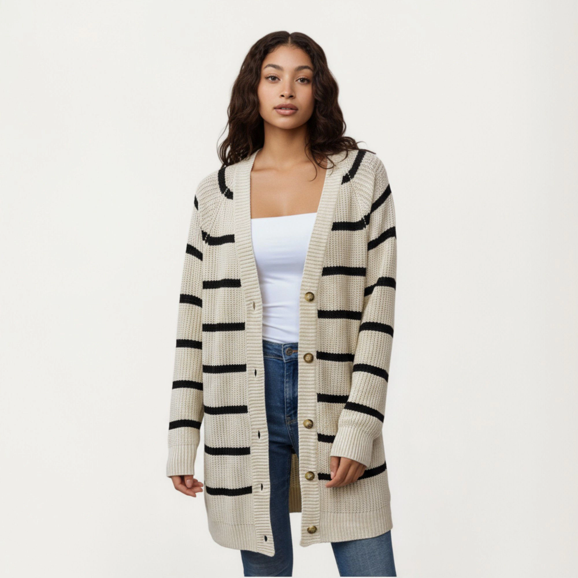 Anna-Kaci Women's Long Sleeve Striped Knit Cardigan with Button Front and Ribbed Trim