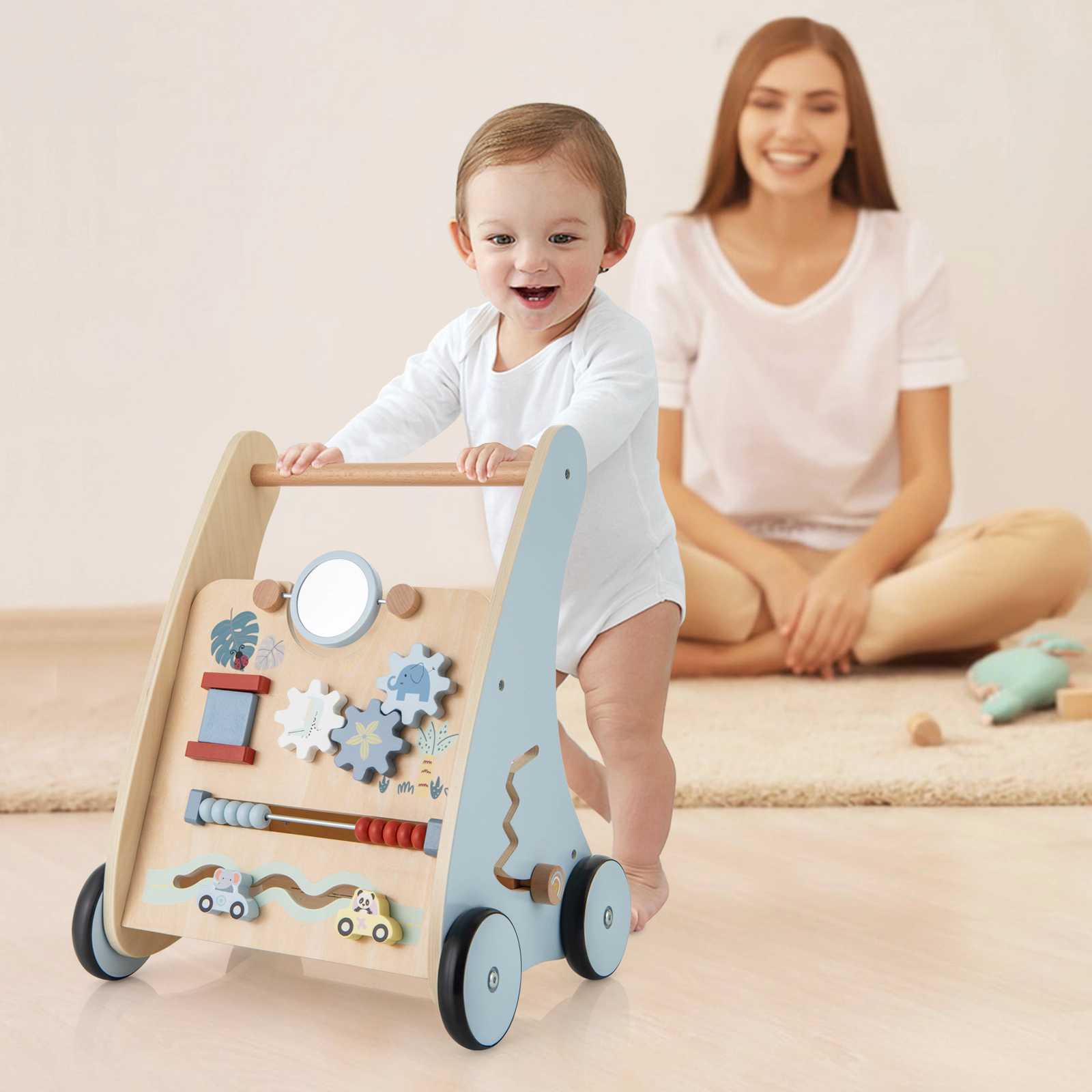 SUGIFT Wooden Baby Push and Pull Walker with Multi-Activity Learning Center 18-in Tall 3+ Years Blue