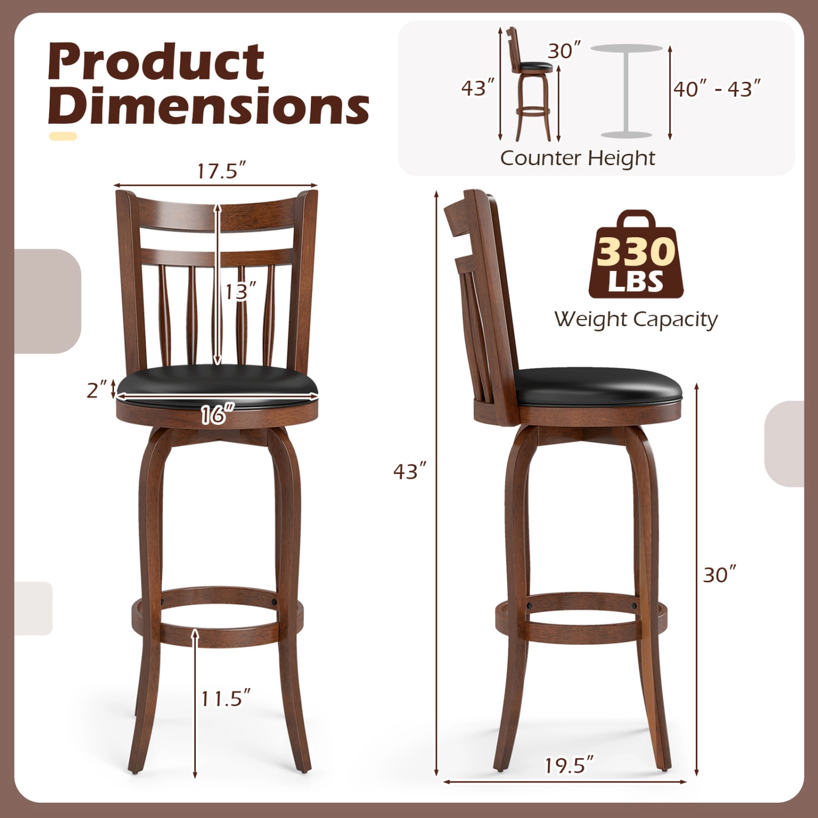SUGIFT 360° Swivel Counter Height Faux Leather Bar Stool Set of 2 330-lb Capacity 24-in Seat Height Expresso and Black