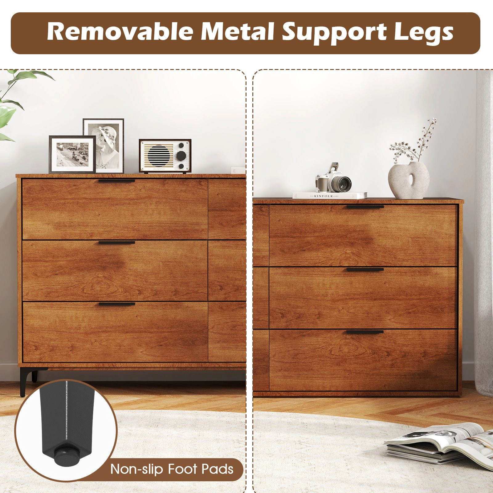 SlickBlue 6 Drawer Dresser with Metal Legs and Cherry Wood Storage Cabinet