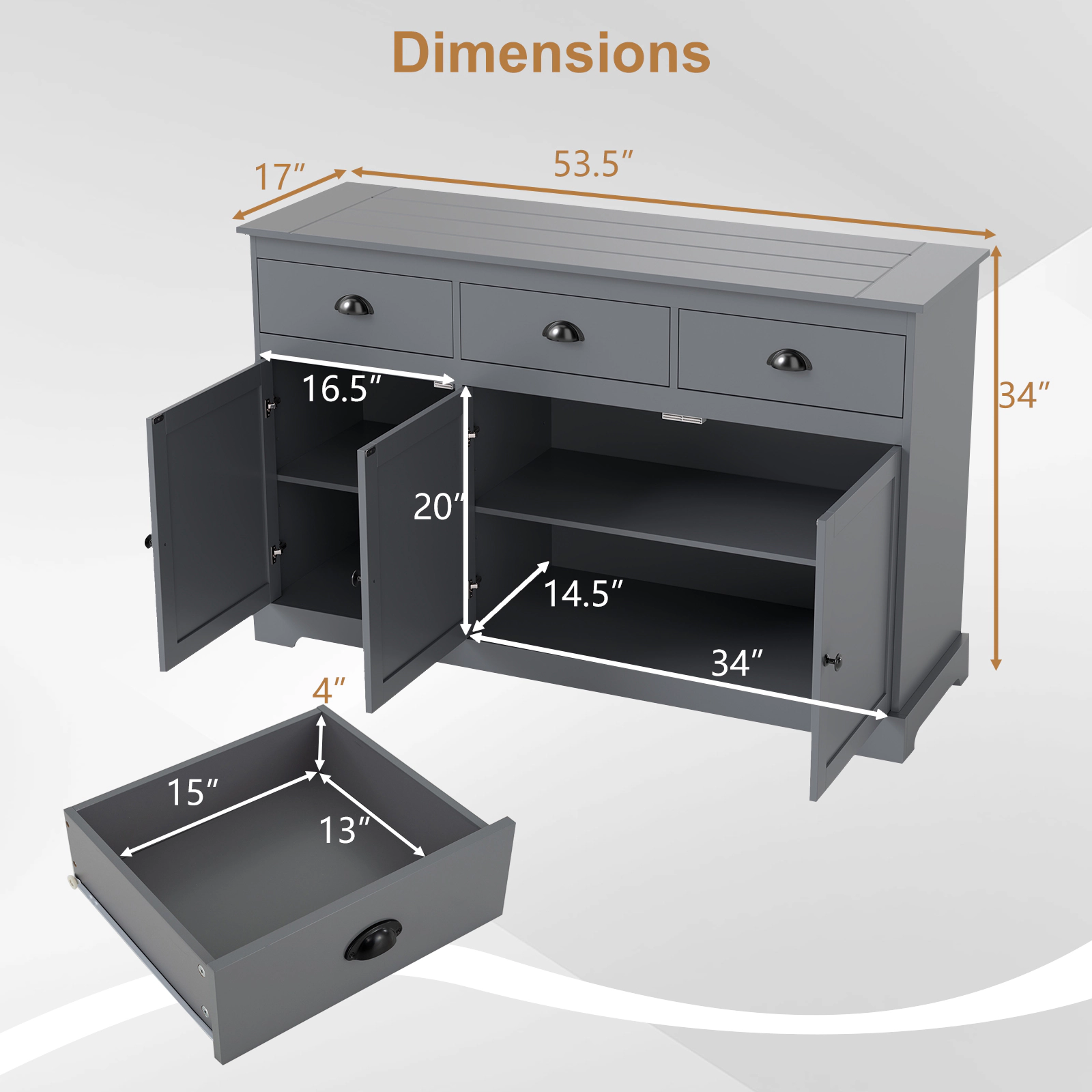 Glintex 53.5-Inch Sideboard with 3 Drawers and Adjustable Shelves