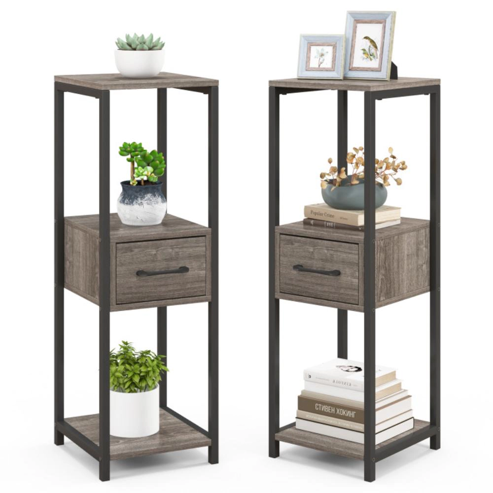 Hivvago 2 Pack 3 Tier Tall Metal Plant Stand with Drawer and Display Shelf-Gray