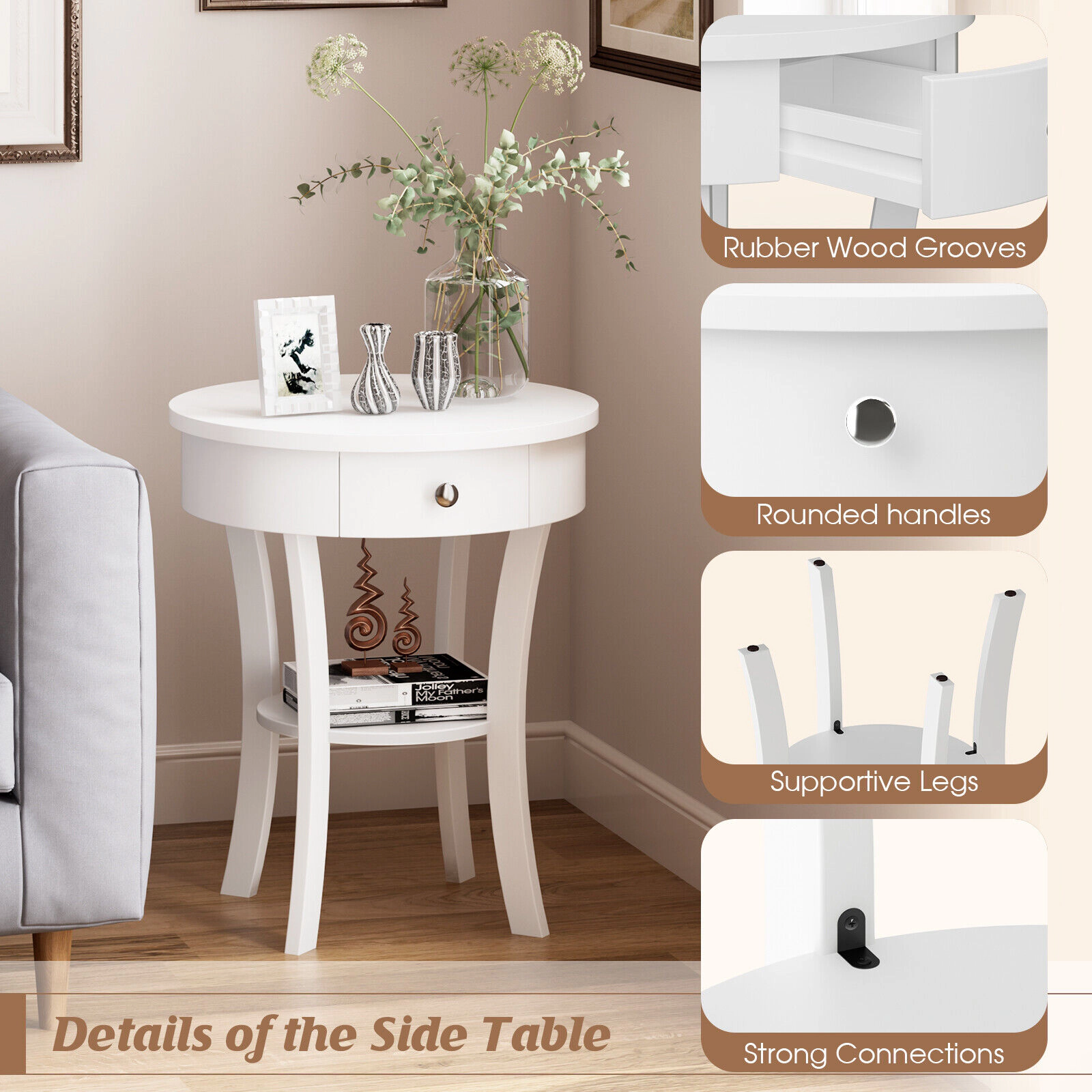 Glintex Round 2-Tier End Table with Open Drawer and Rubber Wood Legs