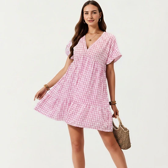 Anna-Kaci Women's Short Sleeve V Neck Plaid Tiered Hem Loose Fit