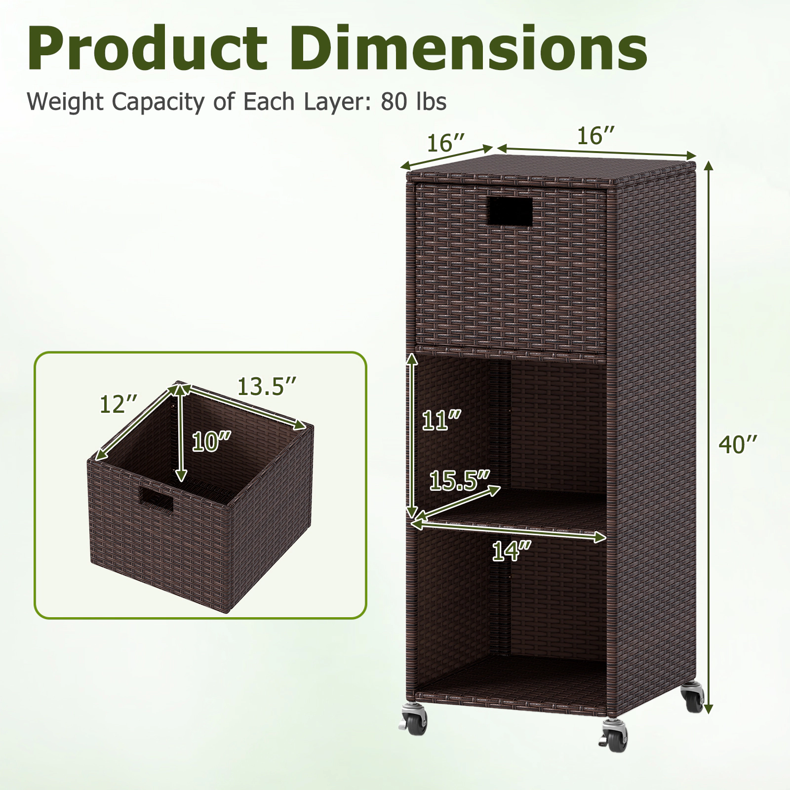 SUGIFT Hand-Woven PE Rattan Outdoor Storage Cabinet Drawer 3 Shelves 80-lb per Shelf 16 x 16 x 39.5-in Mix Brown