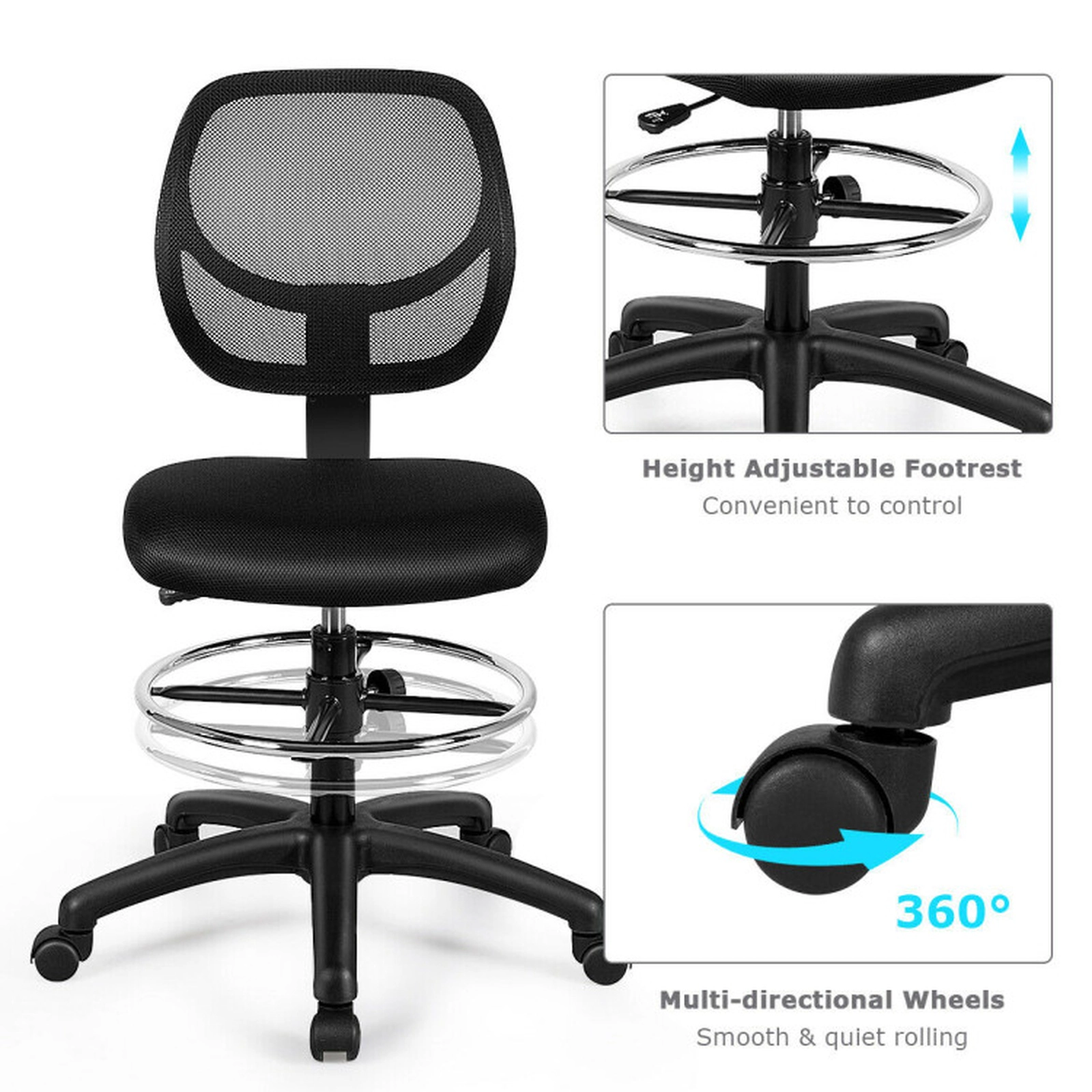 SUGIFT Breathable Mesh Mid Back Drafting Office Chair Adjustable Height 330-lb Capacity 21-28.5-in Seat Black