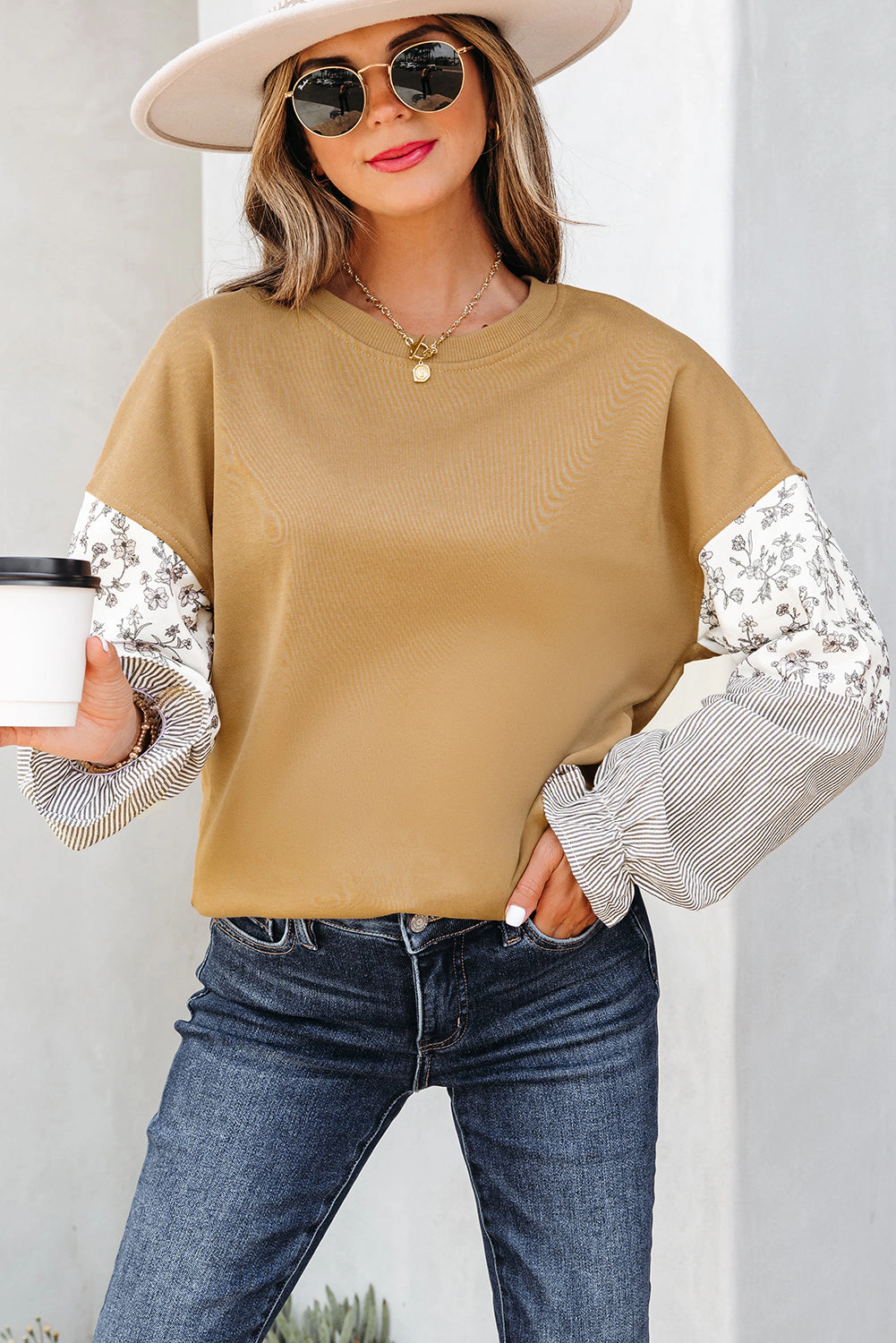 Threaded Pear Women's Beazita Patchwork Ruffled Sleeve Sweatshirt
