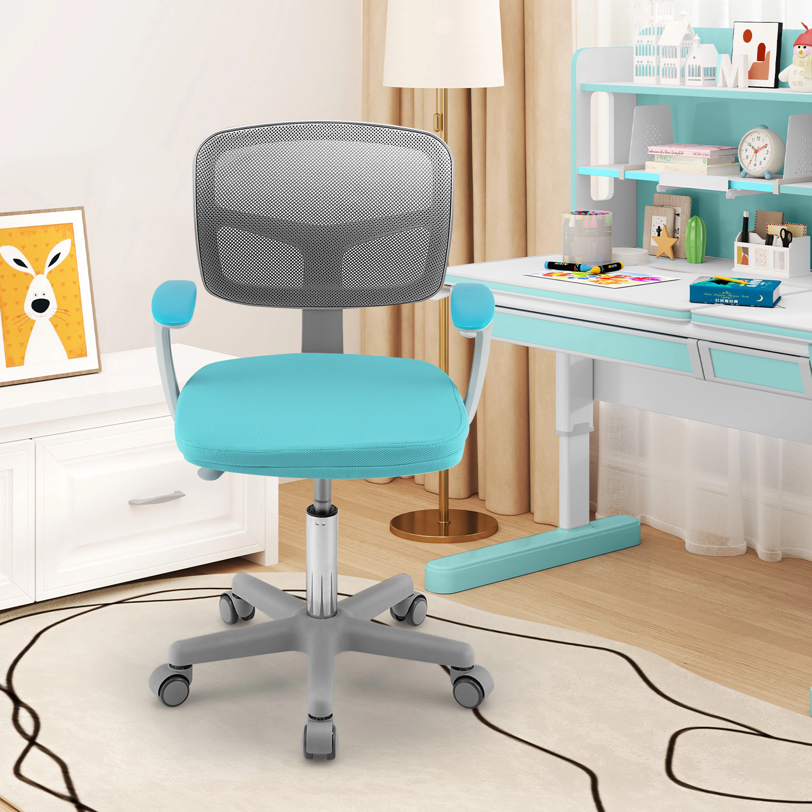 SUGIFT Kids Desk Chair, Adjustable Ergonomic Study Chair with Mesh Back, Auto-Brake Casters, Turquoise