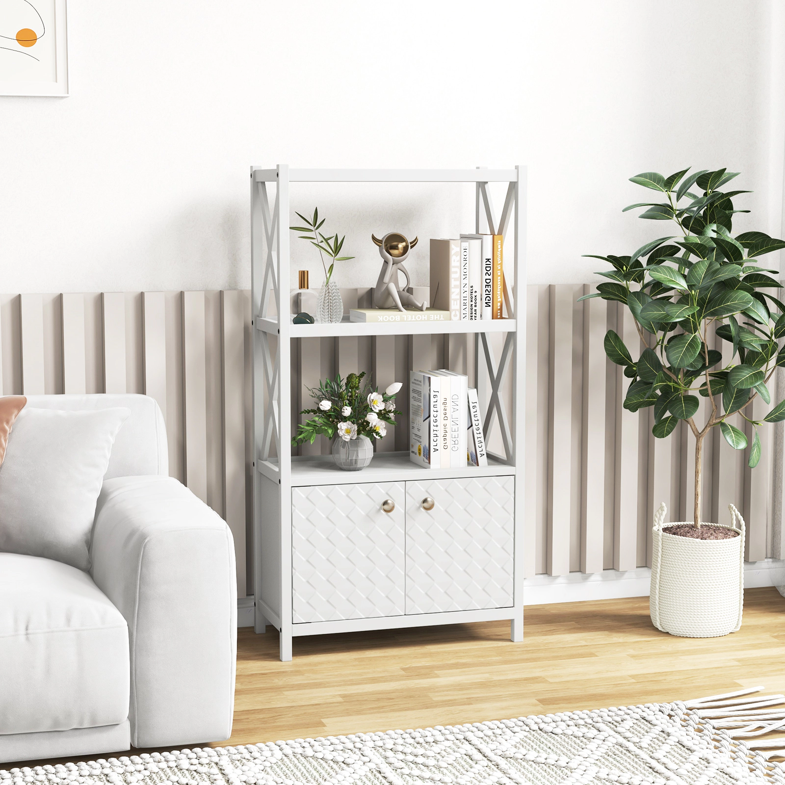 SUGIFT White 88-lb Capacity 47-in Tall Bathroom Storage Cabinet with Open Shelves Double Doors and X-Bars