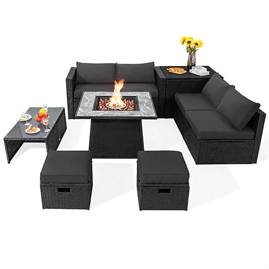 SUGIFT 9-Piece Gray Patio Wicker Sectional Set with 50000-BTU Fire Pit Table 35-in W 330-lb Tabletop Capacity
