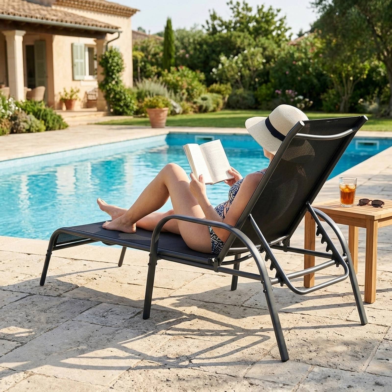 SUGIFT Adjustable Folding Patio Chaise Lounge, 5-Position Backrest, Black