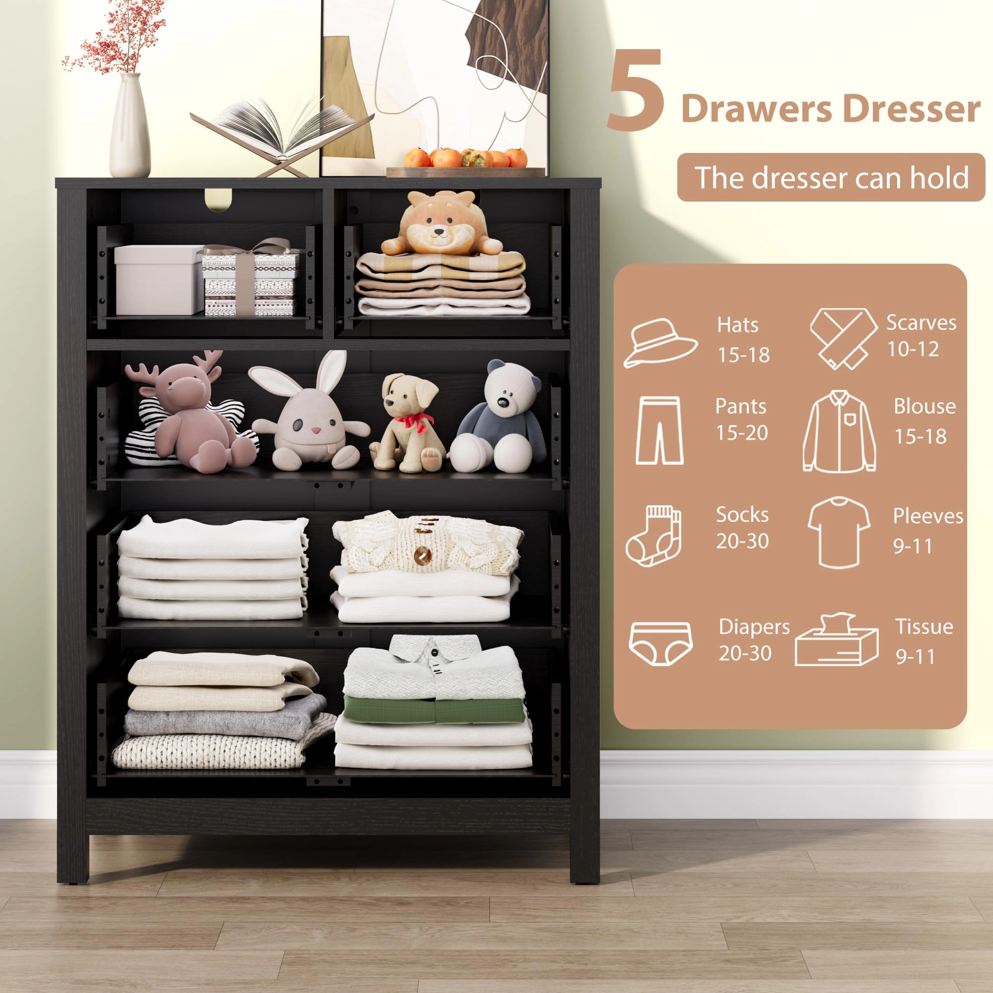5 Drawer Modern Dresser with Metal Knobs, 37" Tall Wooden Storage Chest for Bedroom Hallway Entryway