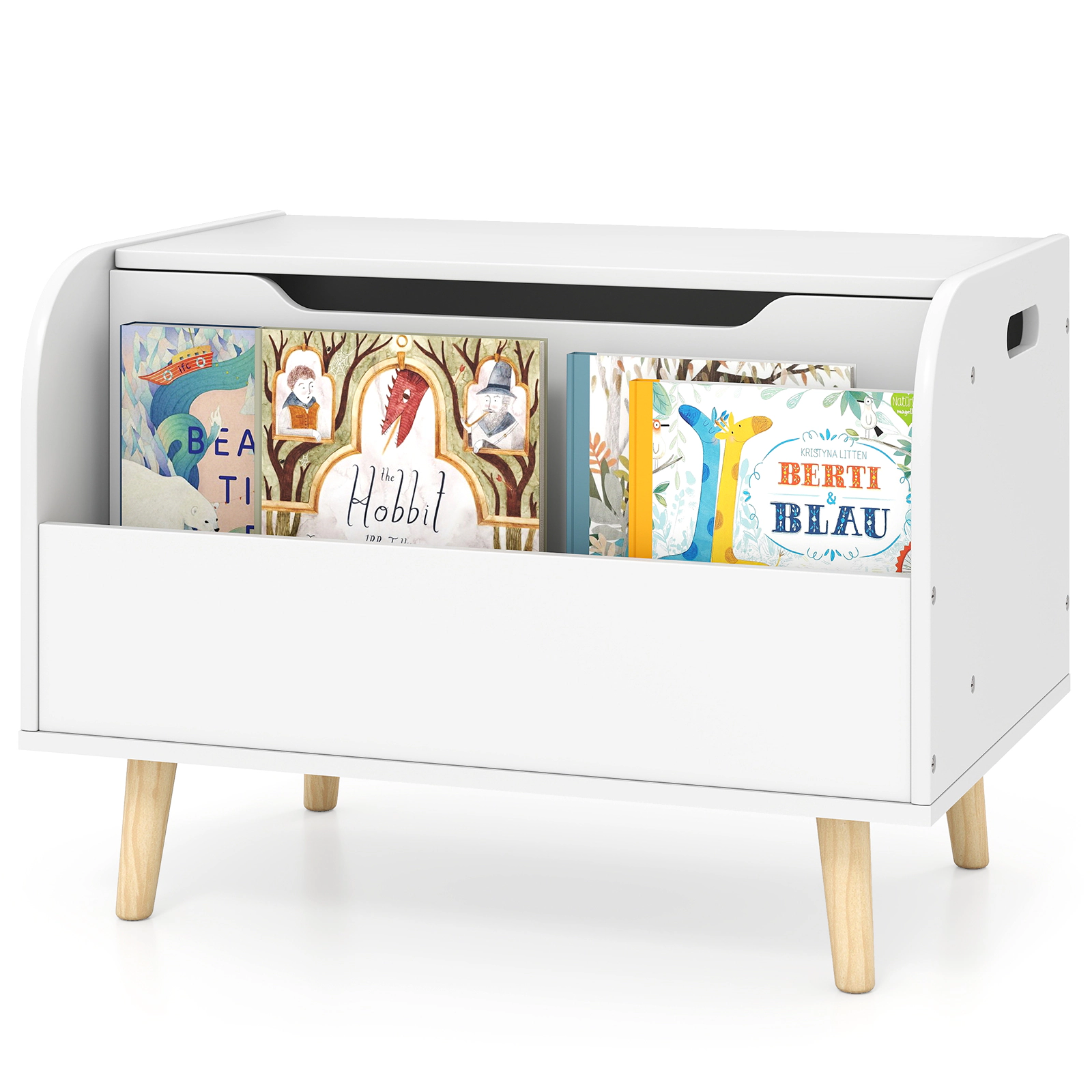 SUGIFT 23.5-in Kids Wooden Toy Box and Storage Chest with Front Bookshelf 4 Pine Wood Legs and Safety Hinge