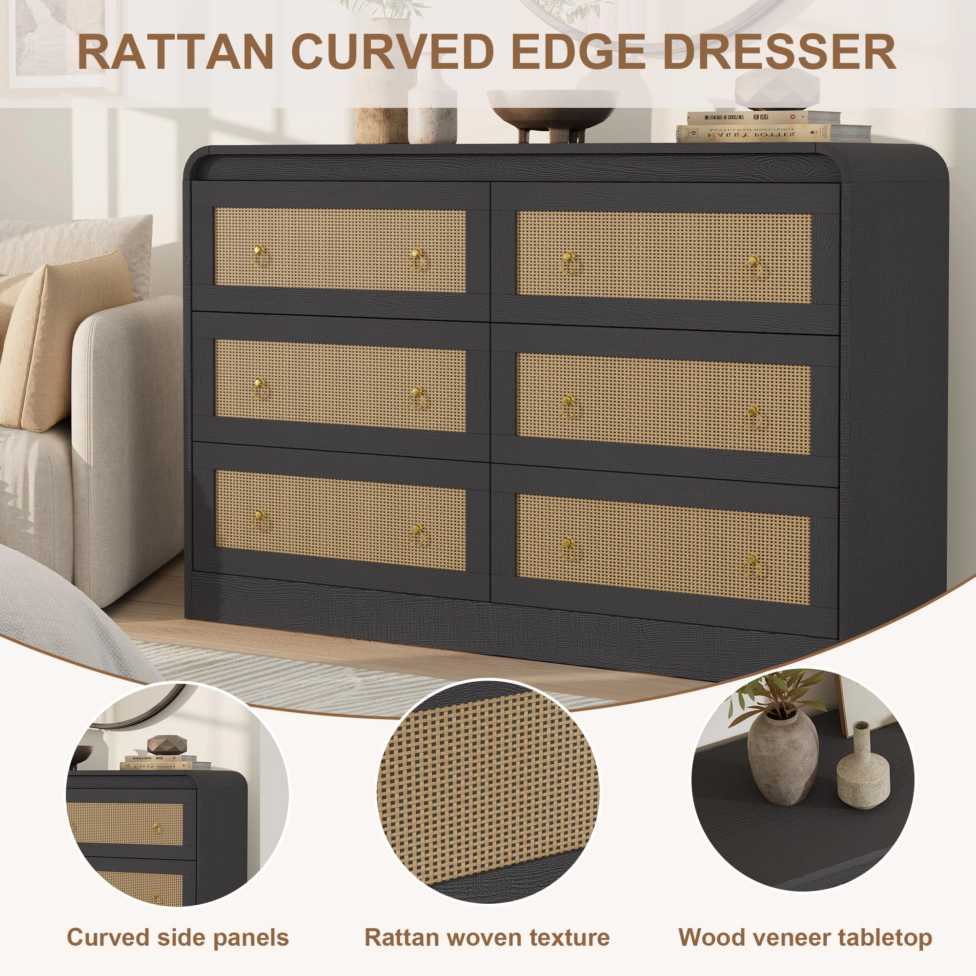 6 Drawer Rattan Dresser with Rounded Corners, 46" Wide Modern Wooden Storage Cabinet for Bedroom Living Room