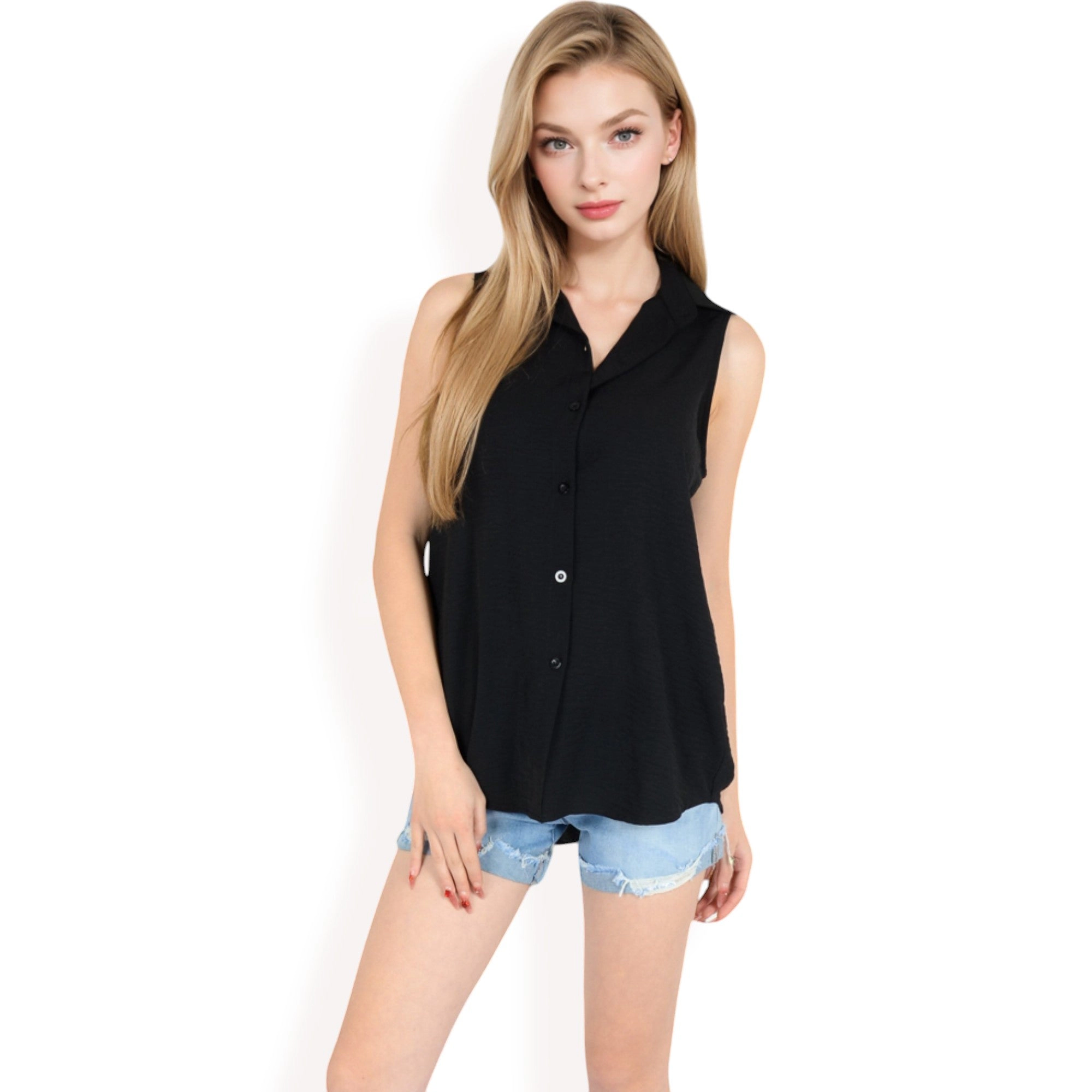 Anna-Kaci Womens Sleeveless Button-Down Collared Textured Top