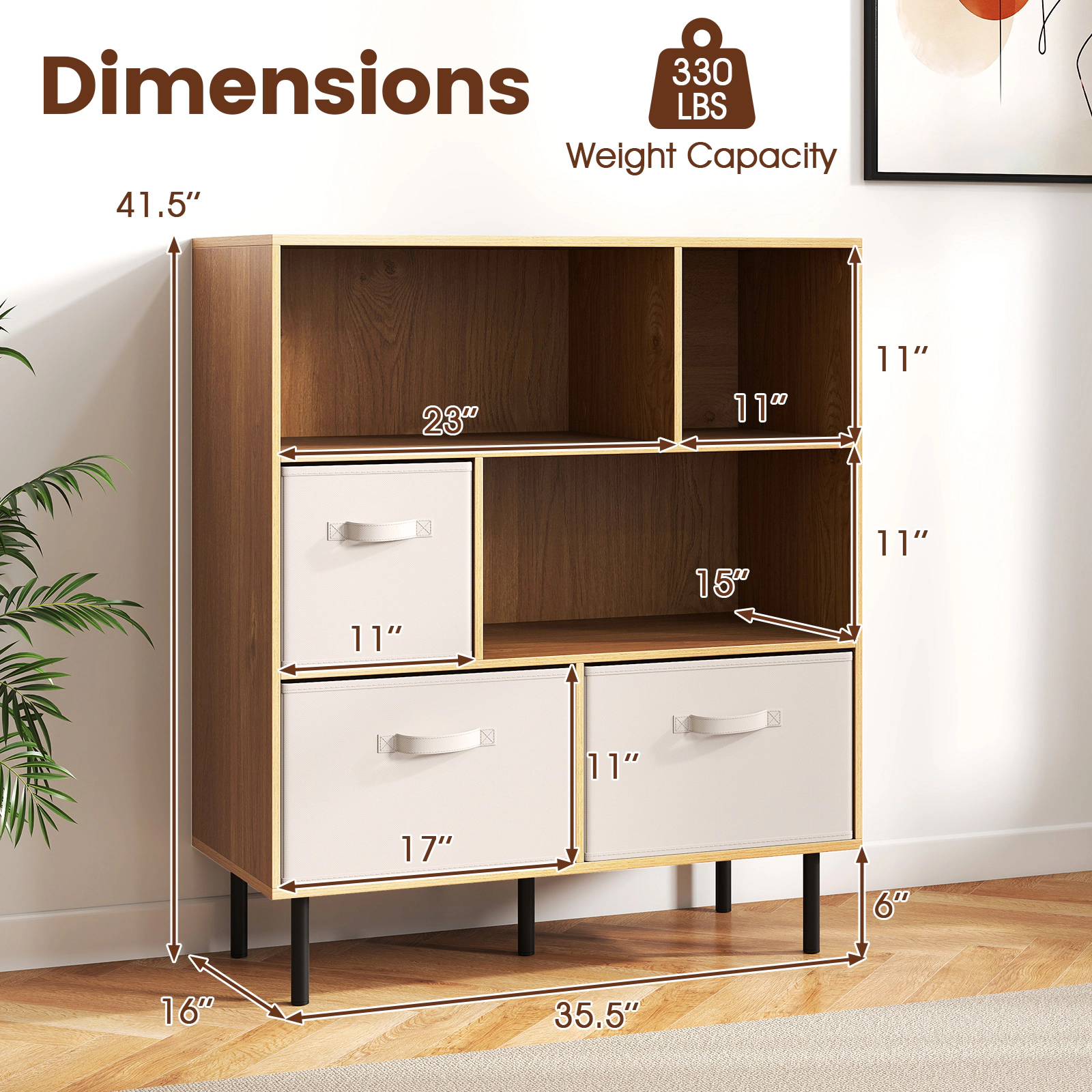 SUGIFT 6-Cube Bookshelf with 3 Removable Folding Fabric Drawers 330-lb Capacity Natural with Beige Drawers
