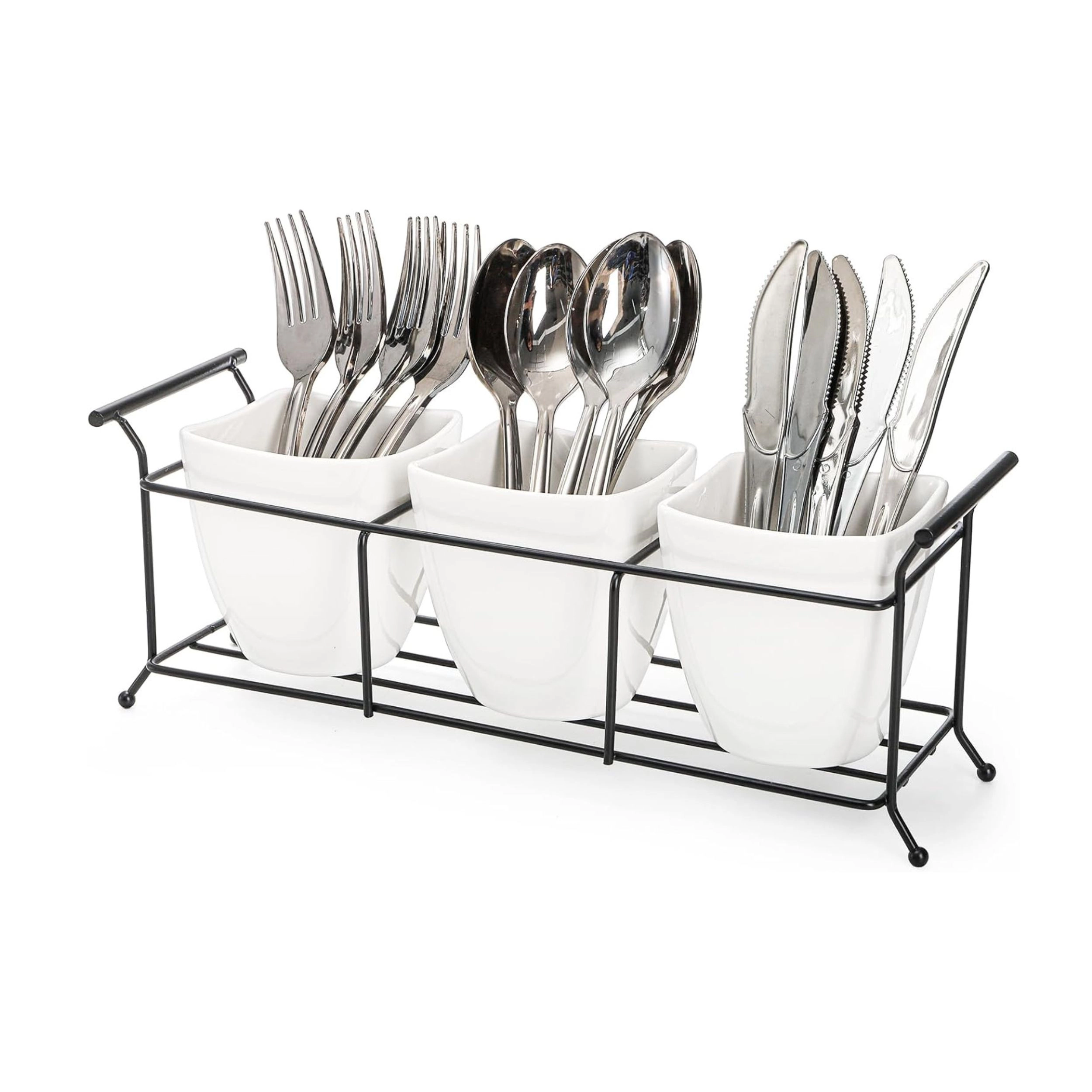 Stock Preferred White Ceramic Flatware Caddy with Metal Rack Utensil Organizer