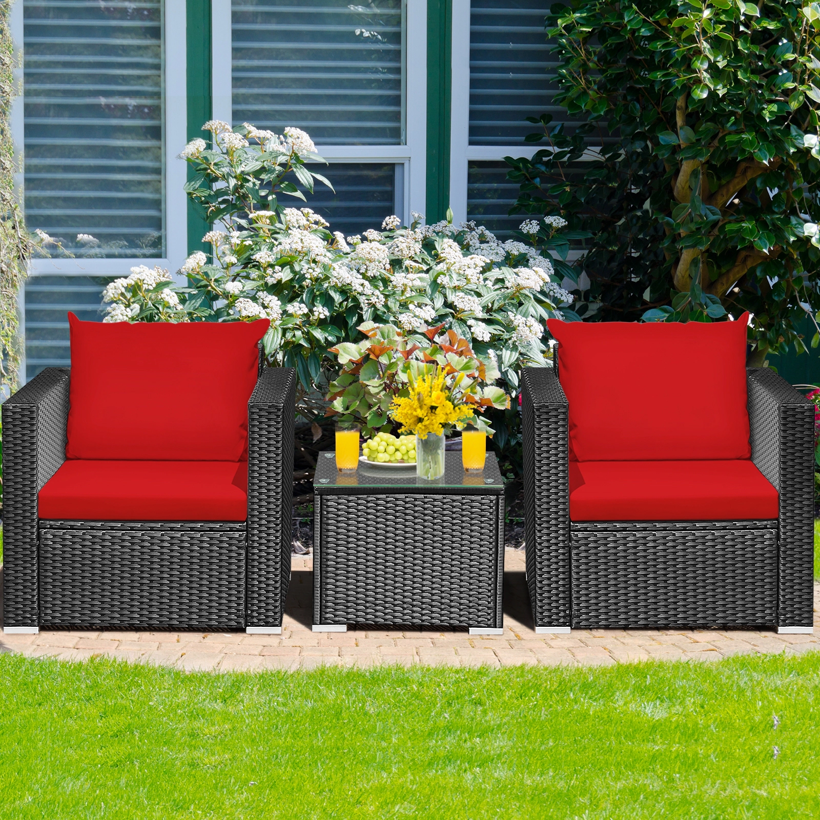 SUGIFT Patio Wicker Conversation Set with Cushions 400-lb Sofa Capacity Red Black Rattan