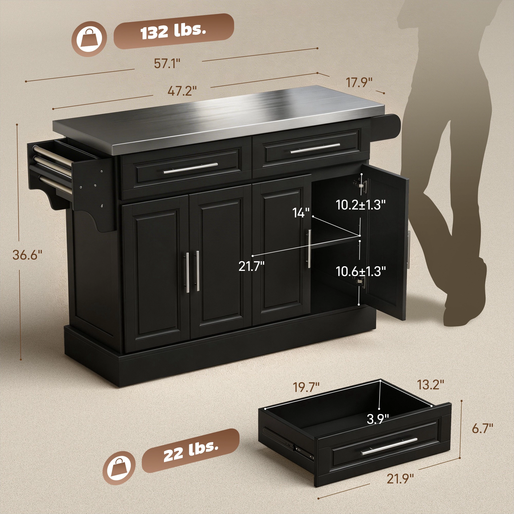 HONGGE Rolling Kitchen Island Cart with 47" Stainless Steel Top Portable Table for Wheels