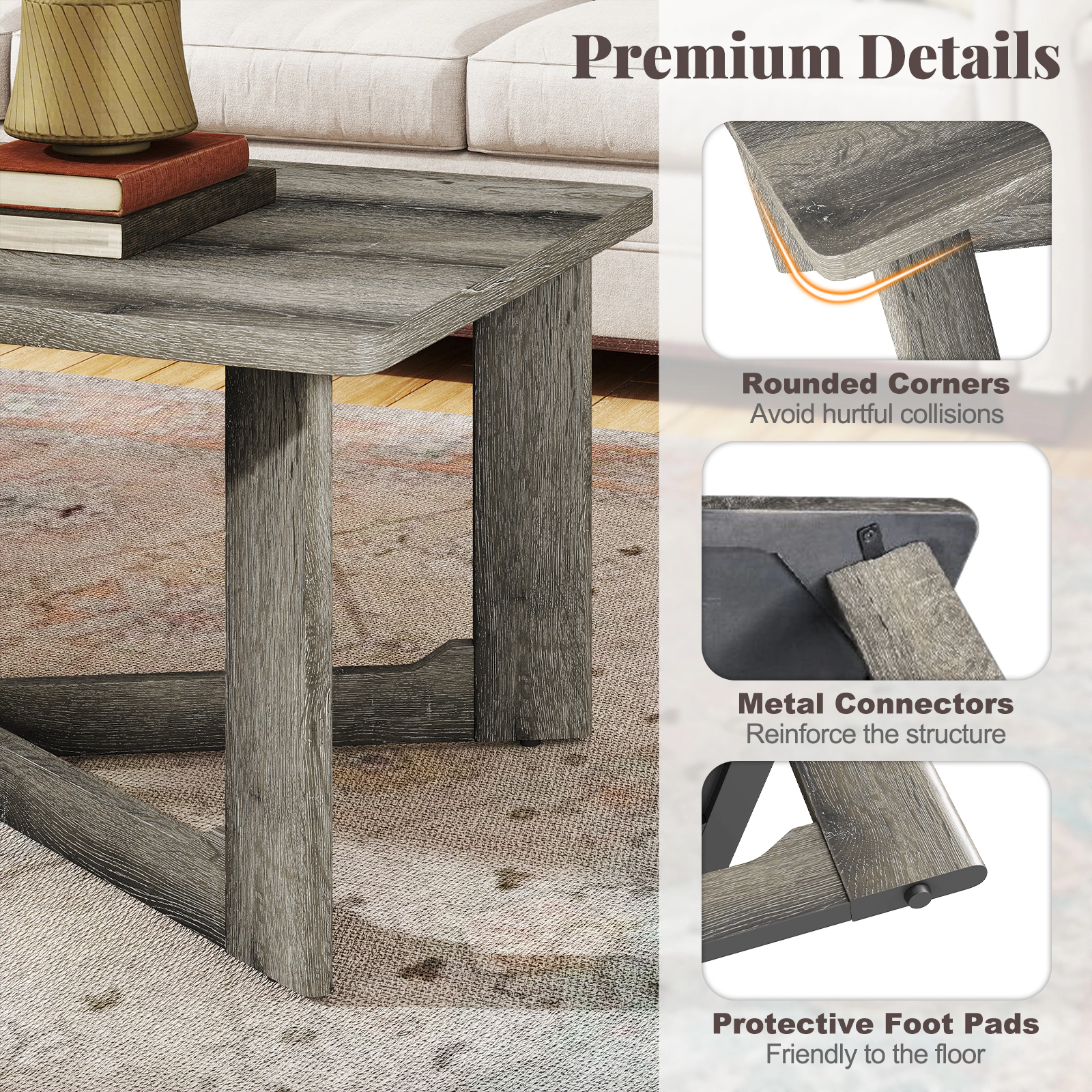 Glintex 44-Inch Rectangular Coffee Table with X-Shaped Rubber Wood Base, Gray