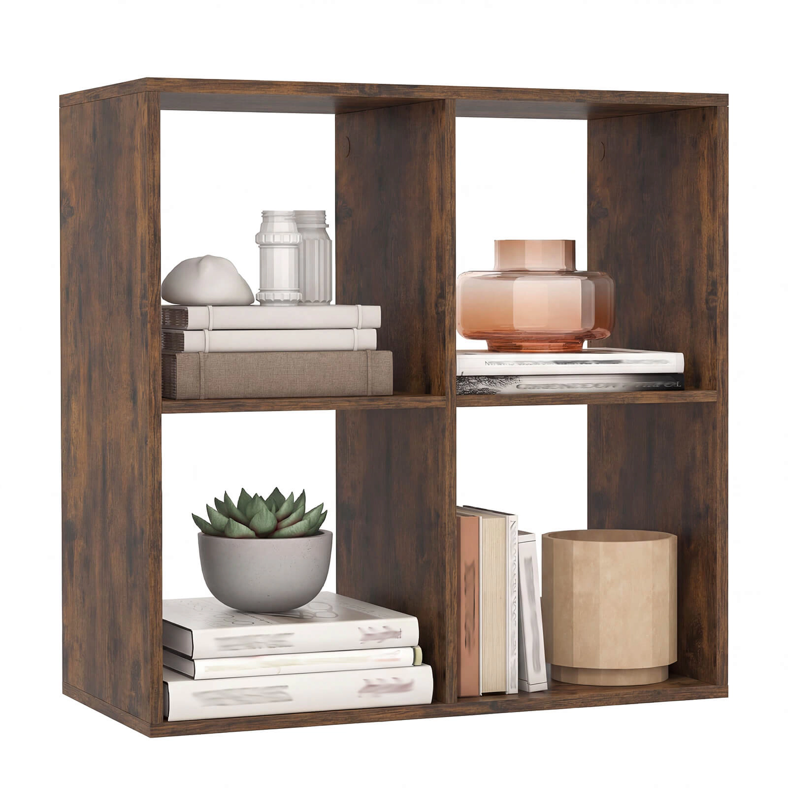 Costway 4-Cube Bookshelf, Modern Cubby Bookcase with Back Guardrail & Anti-tipping Kits Natural