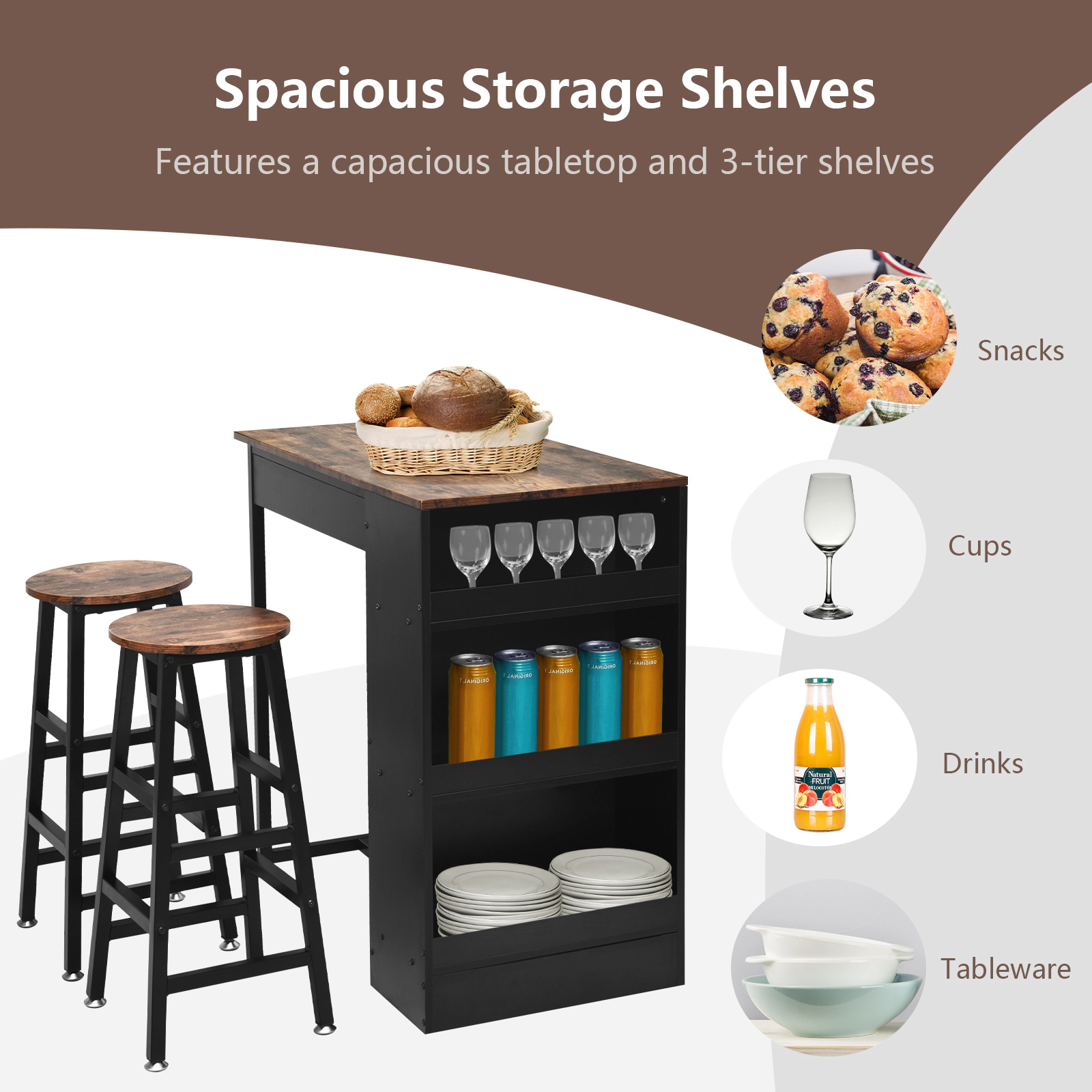 SUGIFT 3-Tier Storage Bar Dining Set with Table and Chairs 132-lb Table Capacity 64-lb Net Weight As Picture Shows