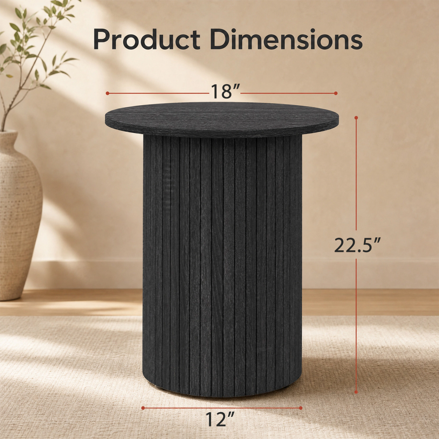 LJG 18" Round Fluted Side Table with Pedestal Drum Design and Non-Slip Foot Pads for Small Spaces