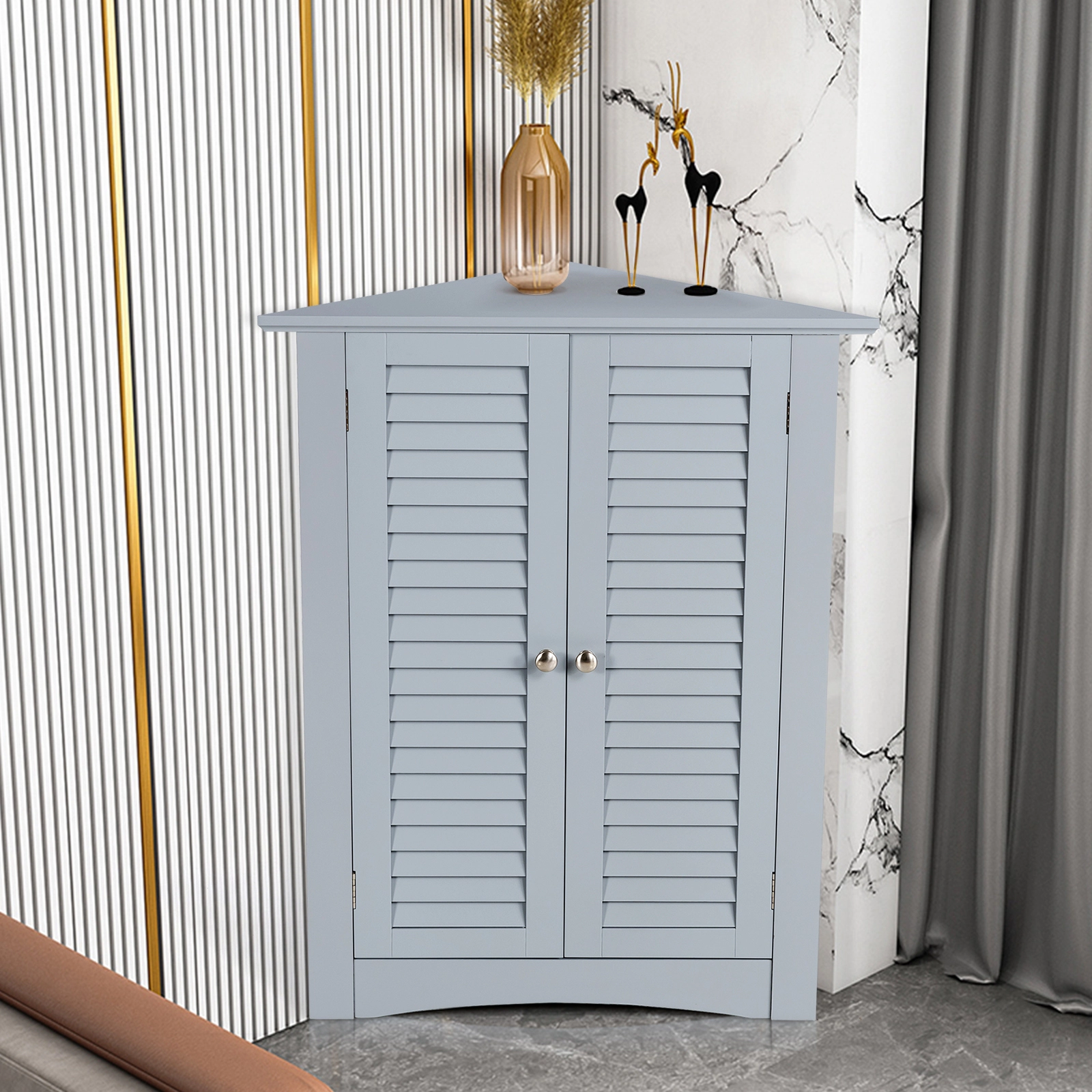 SUGIFT Gray 66-lb Capacity Corner Bathroom Storage Cabinet with Shutter Door and Adjustable Shelf