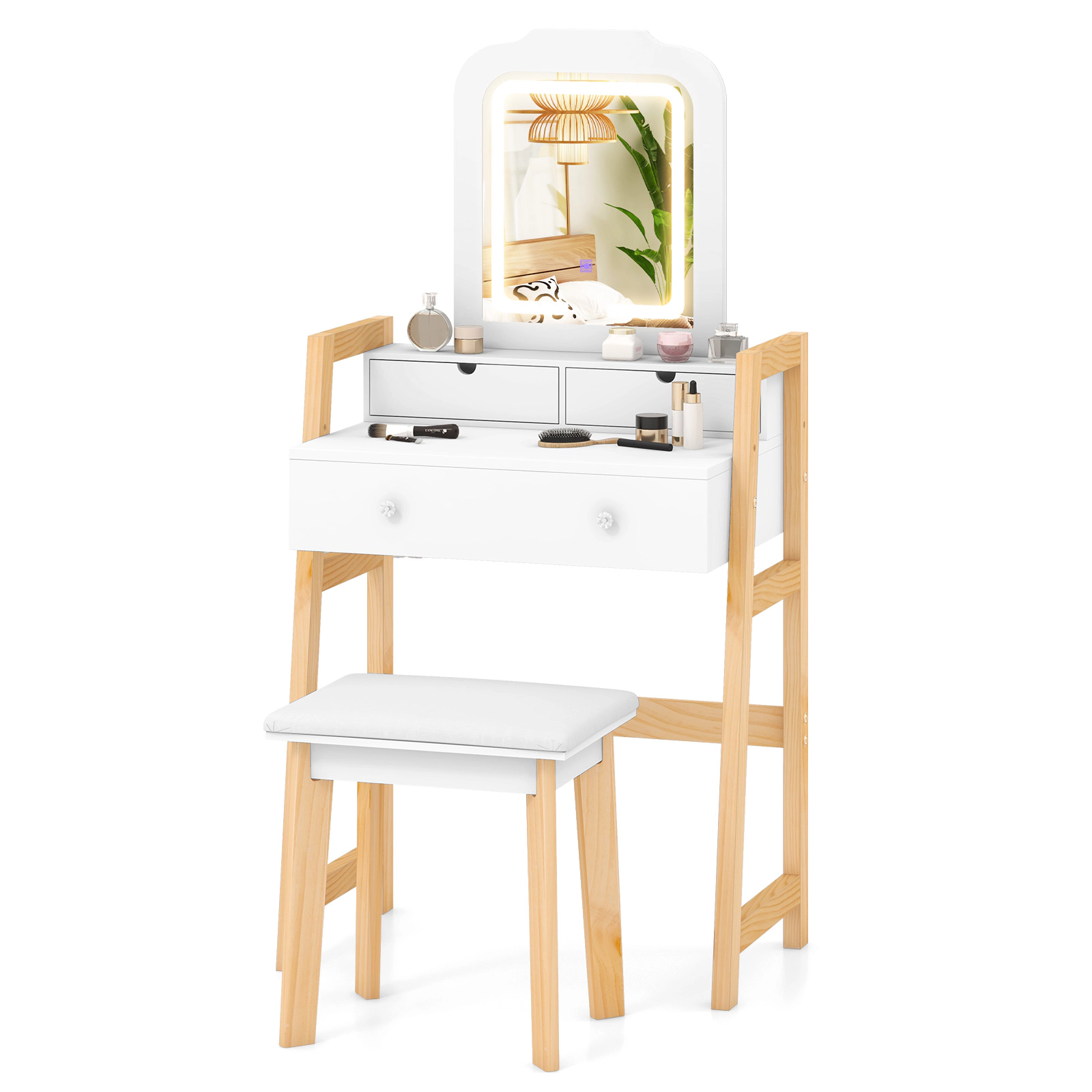 SUGIFT White Vanity Desk Set with LED Mirror, 3 Drawers and Stool