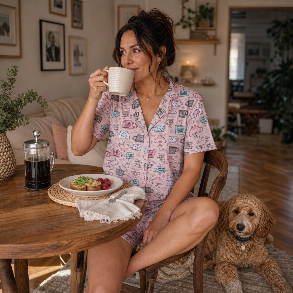 CTM Women's Coffee Notched Collar Short Pajama Set