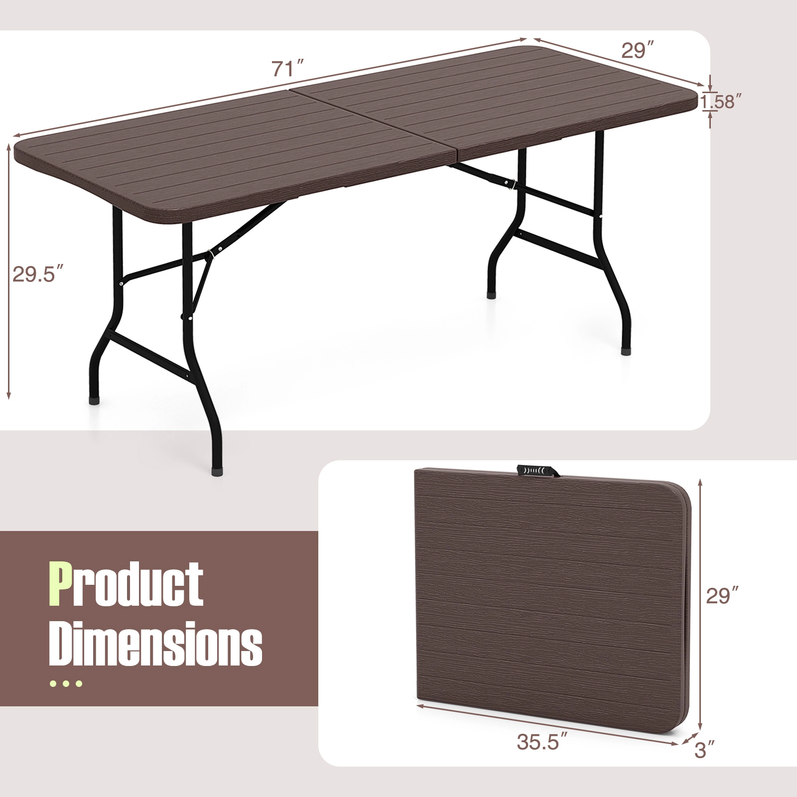SUGIFT 6 ft Folding Table Brown HDPE Wood Grain Top with Safe Lock Mechanism