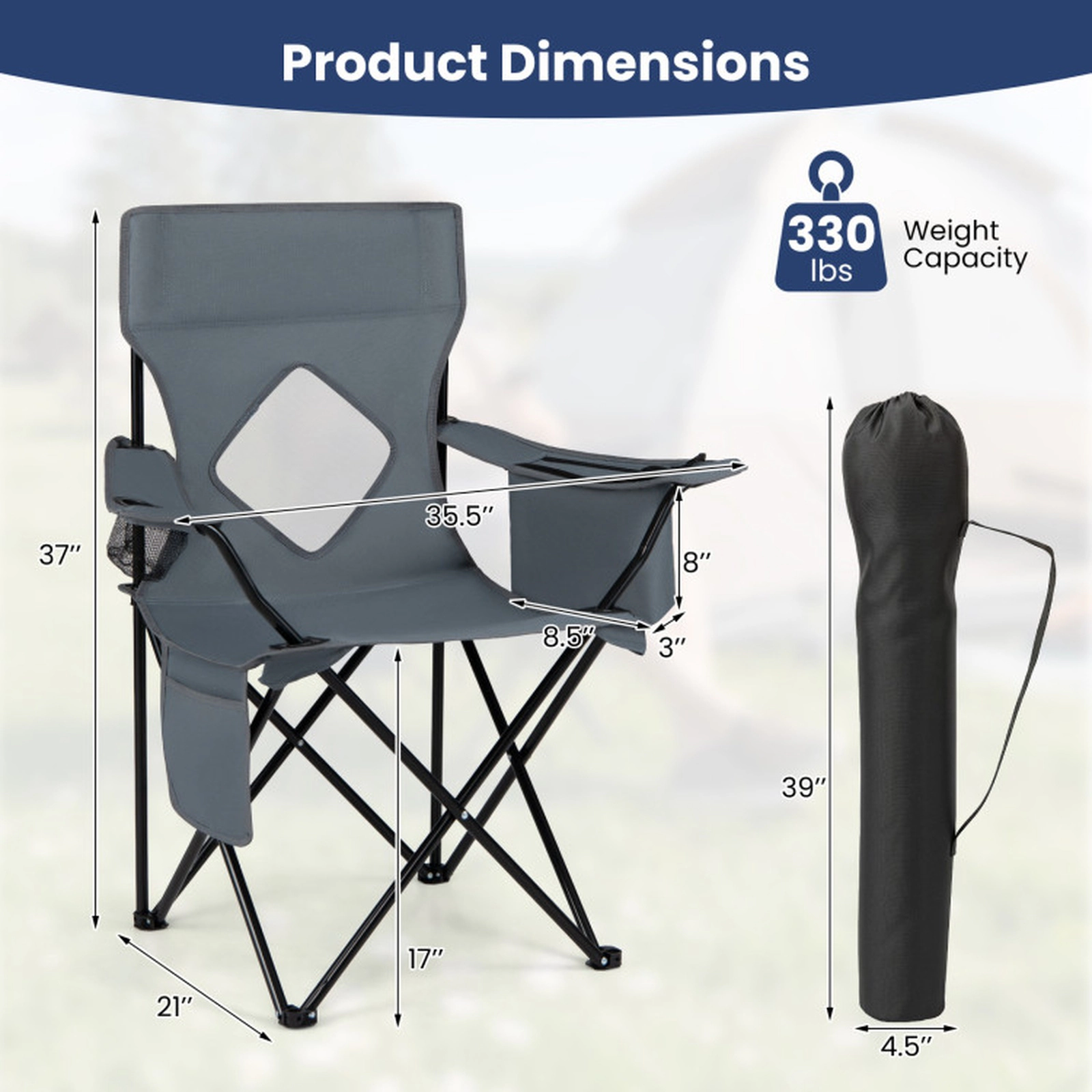 SUGIFT 330-lb Capacity 20-in Wide Seat Folding Camping Chair with Mesh Backrest Cup Holder and Carry Bag