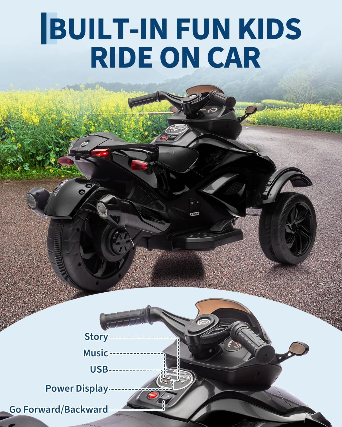 12V Kids Ride-On ATV, 3-Wheeler Electric Motorcycle, LED Lights, Music, Treaded Tires, 66Lbs, Ages 3-8, Boys Girls