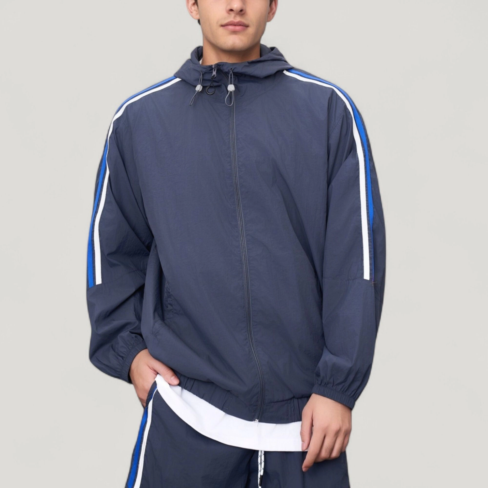 Anna-Kaci Men's Full Zip Hooded Jacket with Elastic Hem and Contrast Sleeve Stripes