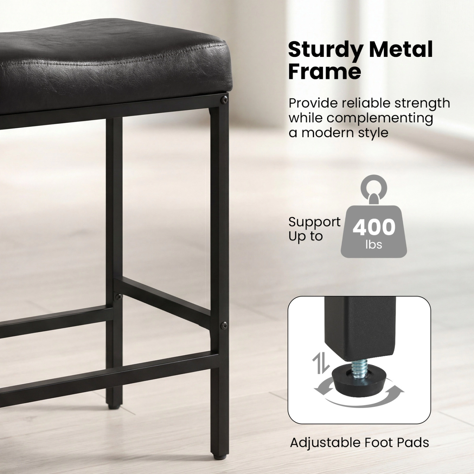 SUGIFT Set of 2 Black Faux Leather Saddle Bar Stools, 25 in Counter Height, 400 lb Capacity