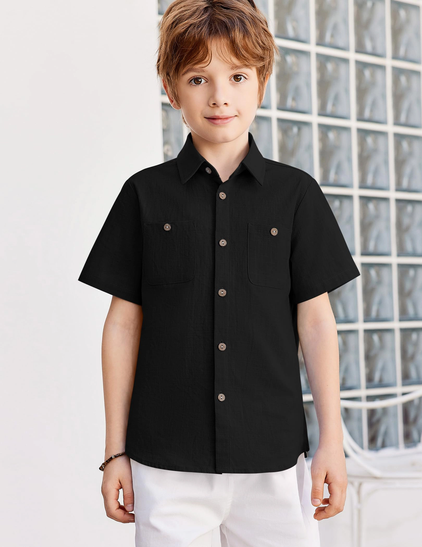 Arshiner Boys Short Sleeve Button Down Shirt Cotton Woven Casual Shirts With Pockets For Kids