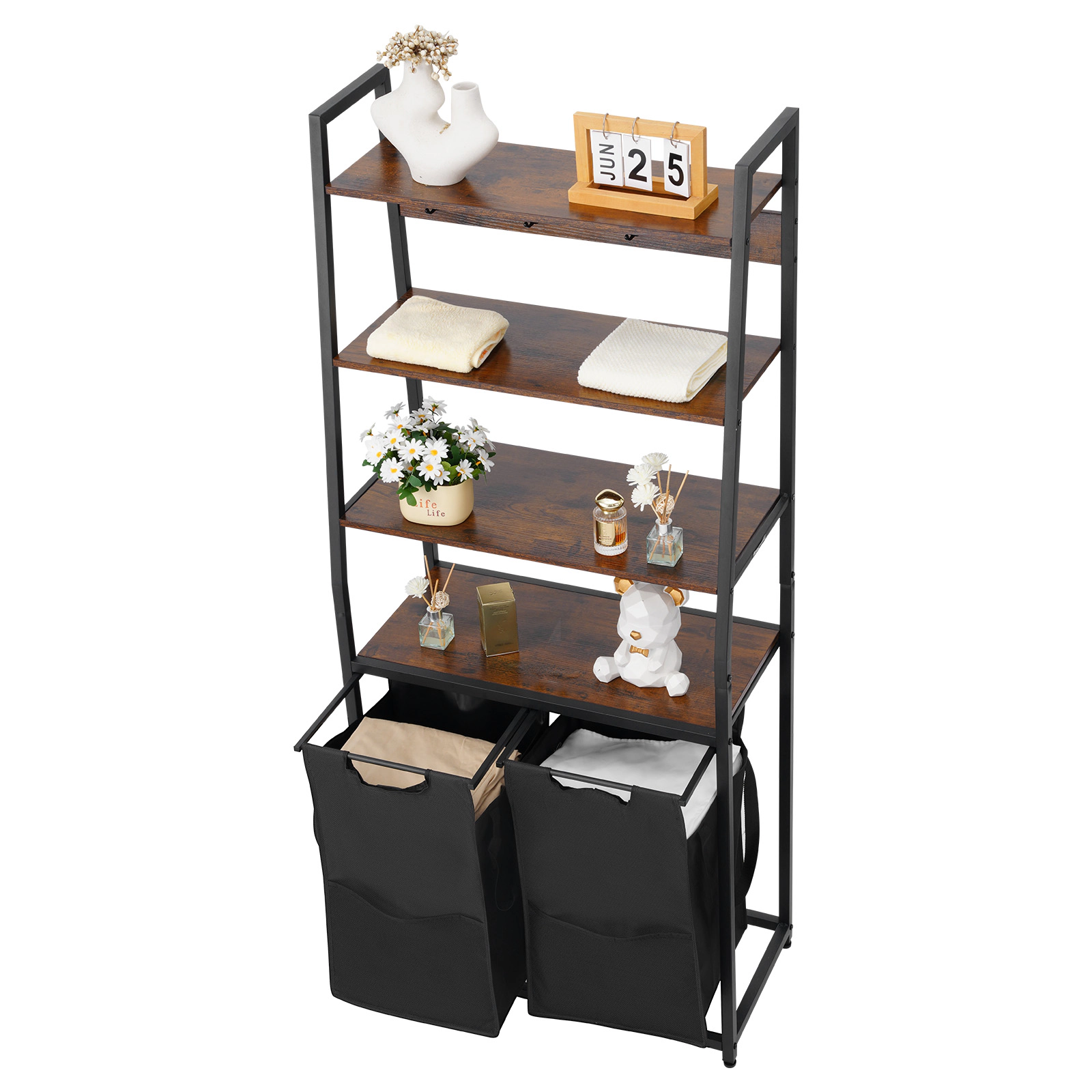HONGGE Laundry Sorter Large Laundry Hamper with Metal Frame and Wooden Tabletop Freestanding Storage Organizer Baskets
