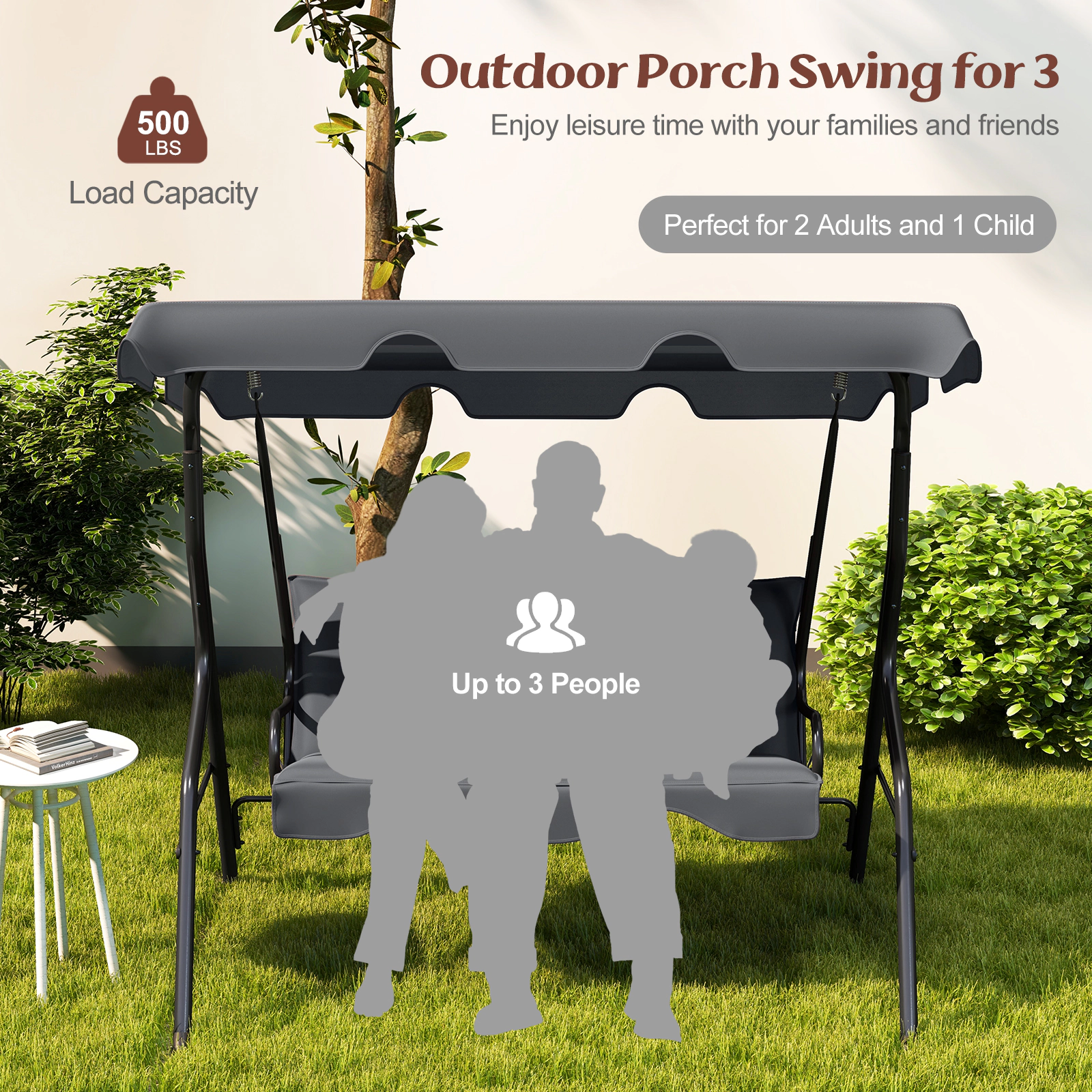 SUGIFT 3-Seat Outdoor Patio Canopy Swing with Cushioned Metal Frame 500-lb Capacity 67.5 x 43.5 x 60.5 in Gray