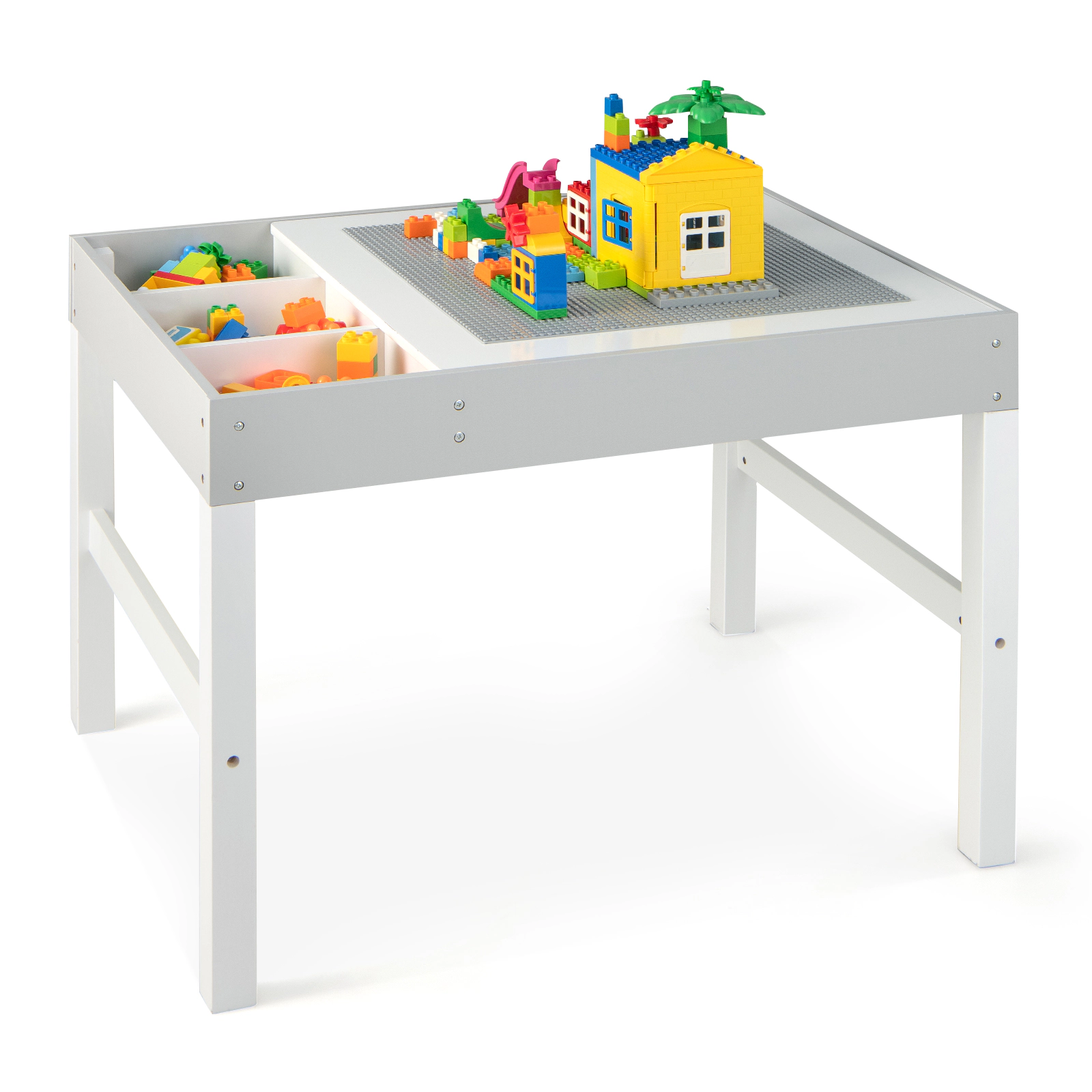 SUGIFT 3-in-1 Wooden Kids Table Storage & Double-Sided Tabletop 44-lb Lid Capacity Ages 3+ 31.5-in Wide White & Gray