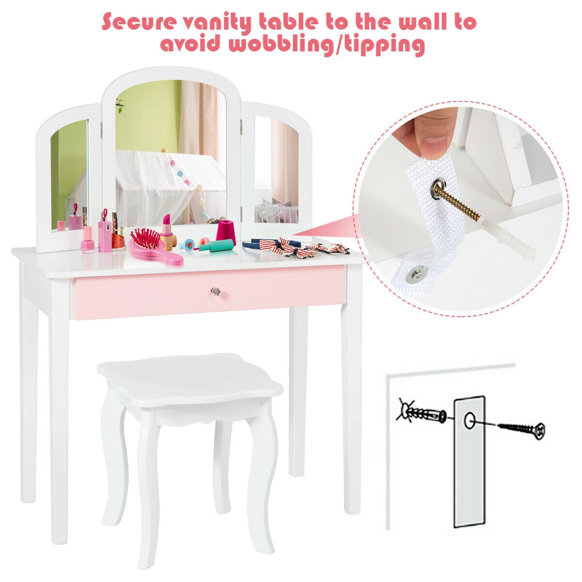 SUGIFT Kids Princess Vanity Set with Stool, Tri-Folding Detachable Mirror, Drawer and Pine Legs