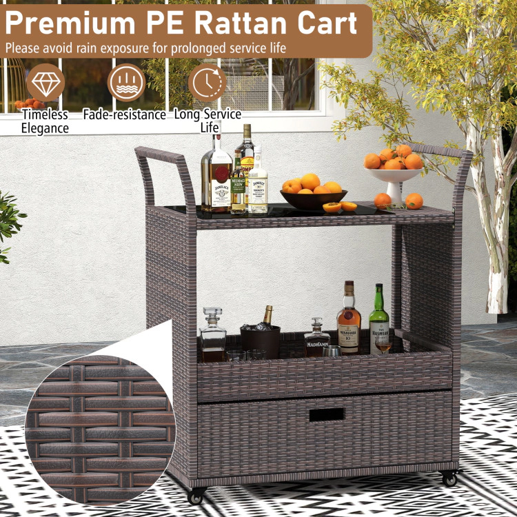 Hivvago Outdoor Wicker Bar Cart Table with Tempered Glass Top
