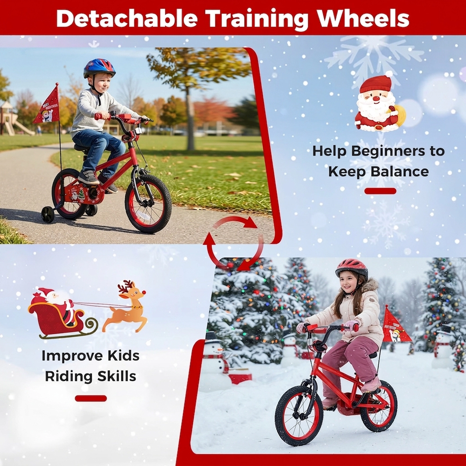 SUGIFT Adjustable 14-In Kids Bicycle with Training Wheels Christmas Music Flag 110-lb Capacity Ages 3-5 Red