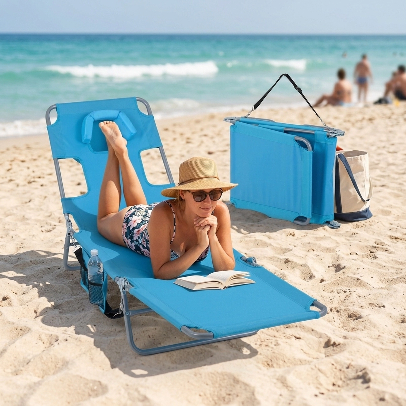 SUGIFT Turquoise Folding Beach Lounger Chair, 5-Position Backrest, Face and Arm Holes
