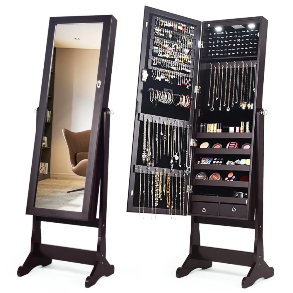 Hivvago Lockable Mirrored Jewelry Cabinet with Stand and Led Lights-Brown