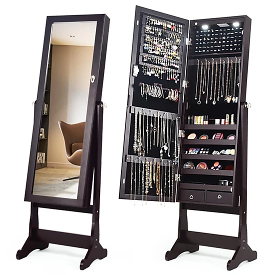Hivvago Lockable Mirrored Jewelry Cabinet with Stand and LED Lights
