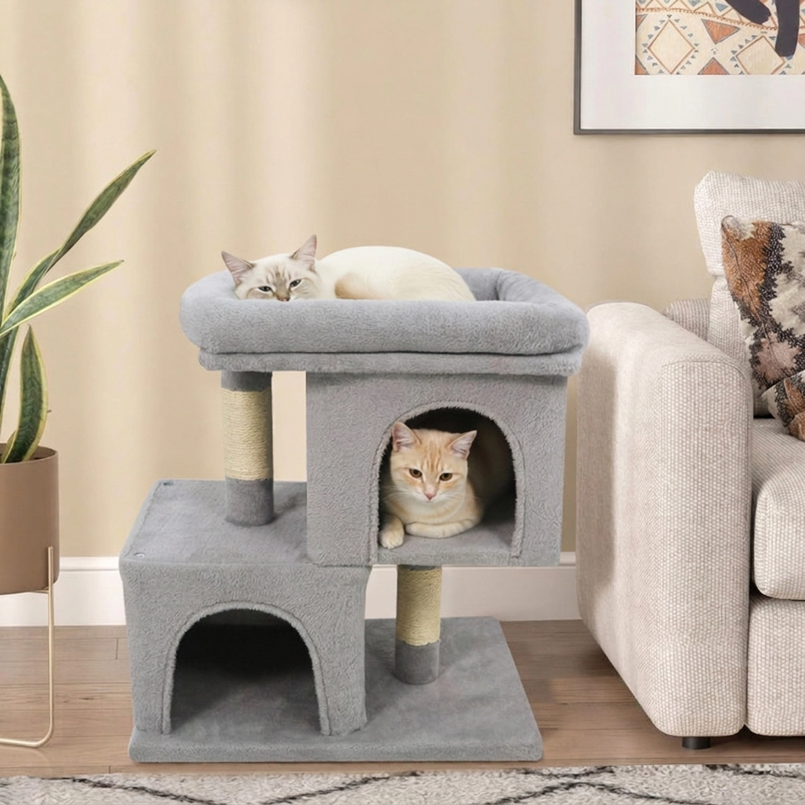 SUGIFT Modern Cat Tree Tower with Upholstered Perch & 2 Cat Condos 22-lb Capacity Each Layer 25.5-in Tall Gray