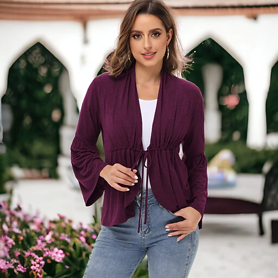 Anna-Kaci Women's Casual Lightweight Cardigans Soft Draped Ruffles Flare Sleeve Cardigan