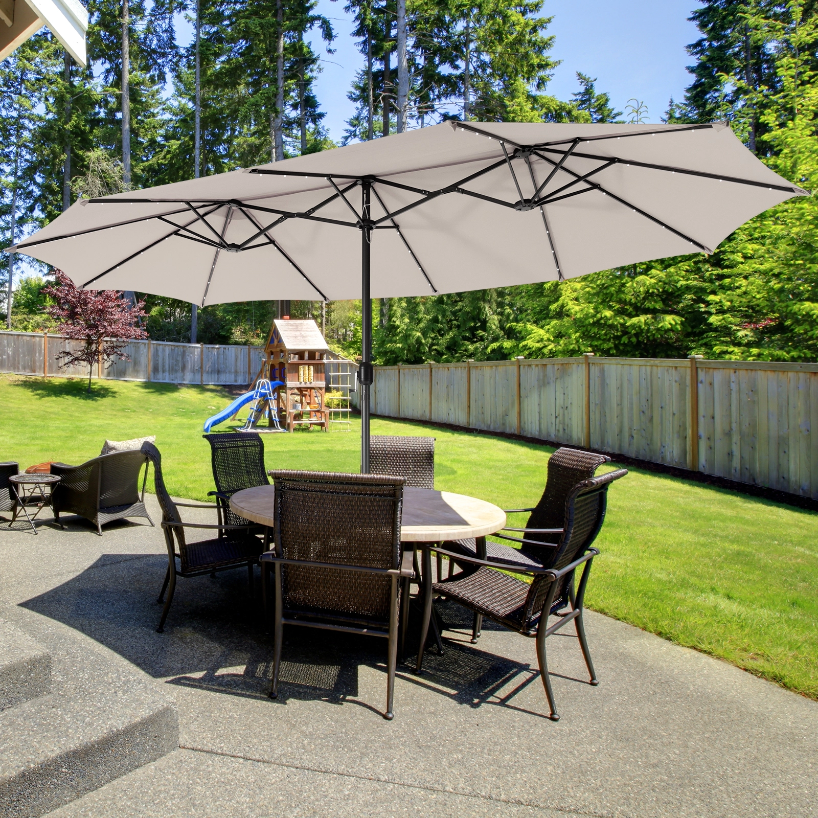 SUGIFT Double-Sided 15-Ft Twin Patio Umbrella with 48 Solar LED Lights Hand-Crank Steel Pole 15.4 x 9.2 x 8 in Beige